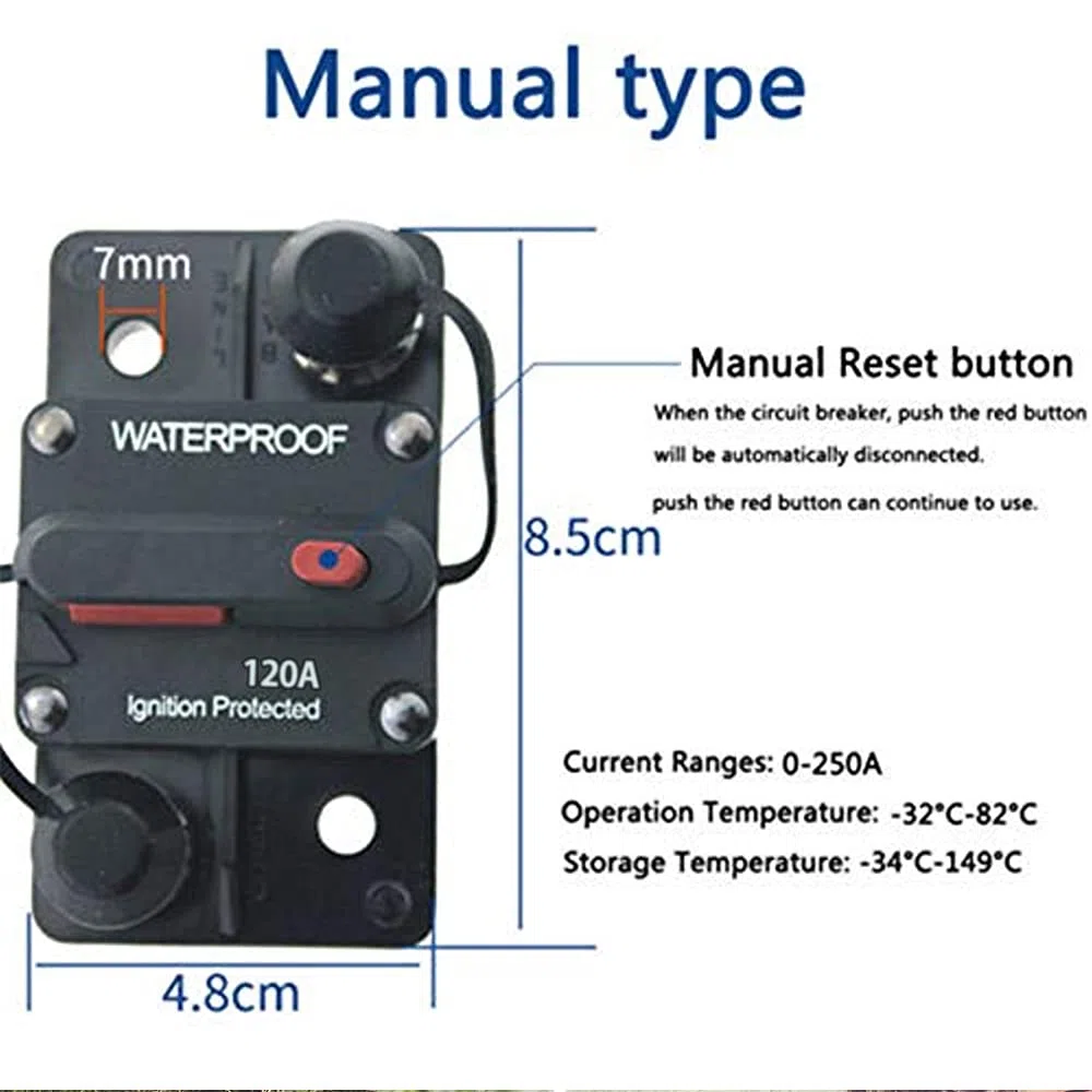 Interruttore automatico in linea per audio auto, impermeabile, CC 12 V-48 V, con reset manuale, portafusibili, interruttore automatico, portafusibili, per auto, barche, camper, roulotte (120 A)