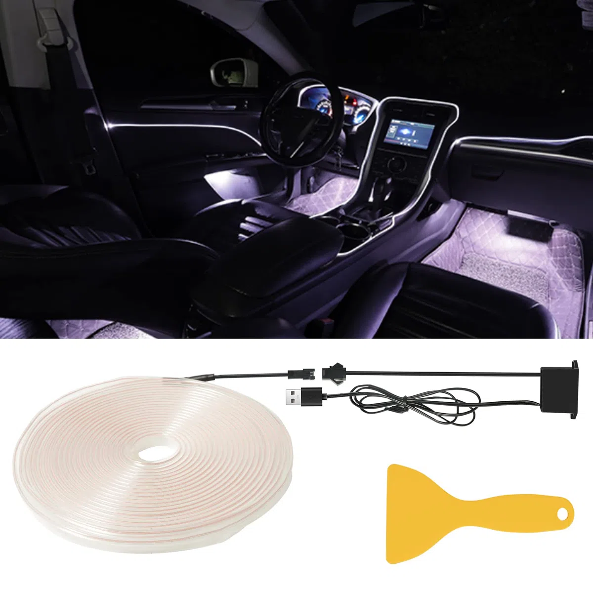 Filo elettroluminescente al neon 5 m/16 piedi per atmosfera decorativa interna dell'auto, striscia luminosa con bordo da cucire, decorazione per insegne fai-da-te con USB (bianco)