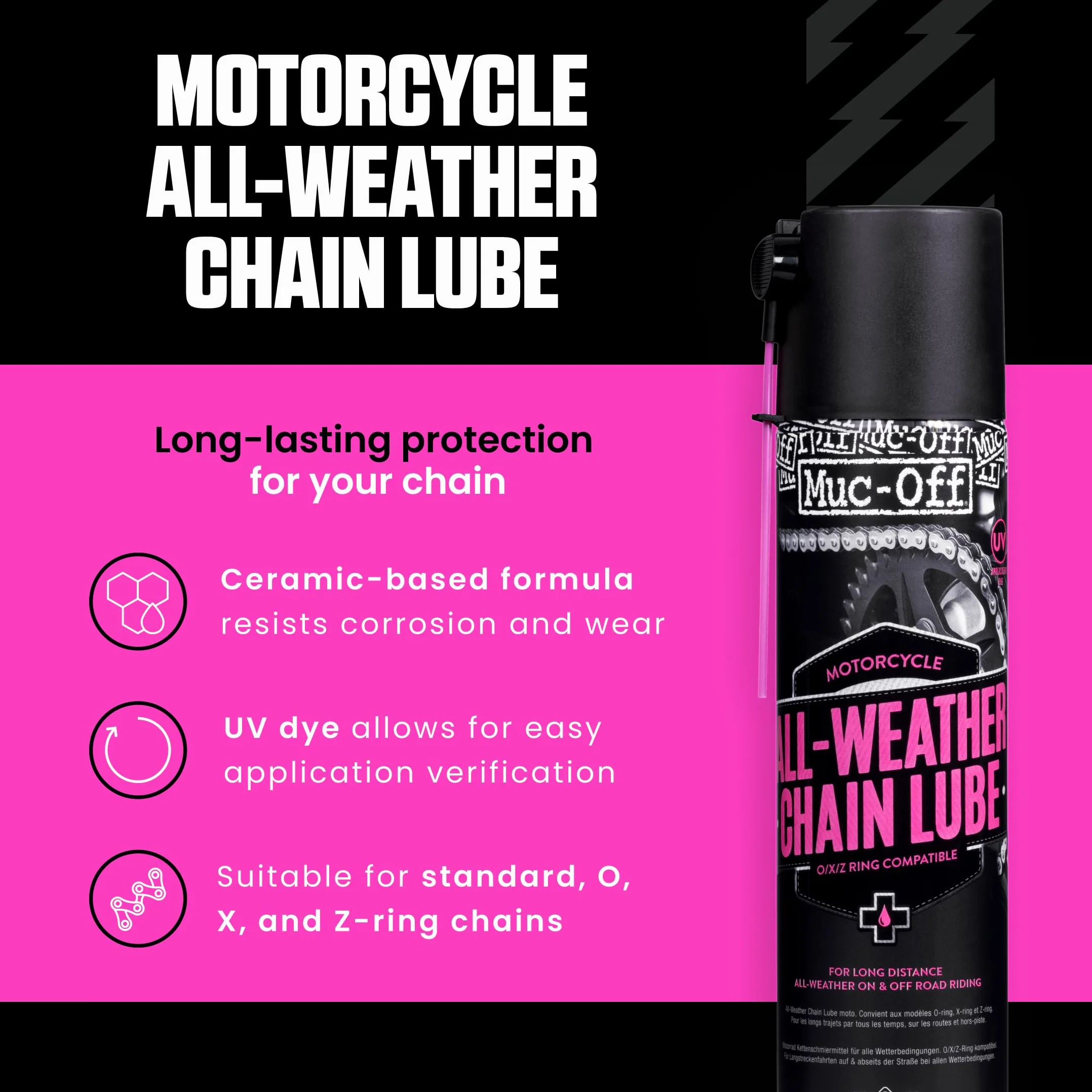 Muc-Off All-Weather Motorcycle Chain Lube, 400 ml - Grasso Catena Moto Spray di Alta Qualità - Lubrificante Catena Moto Formulato per Tutte le Condizioni Atmosferiche