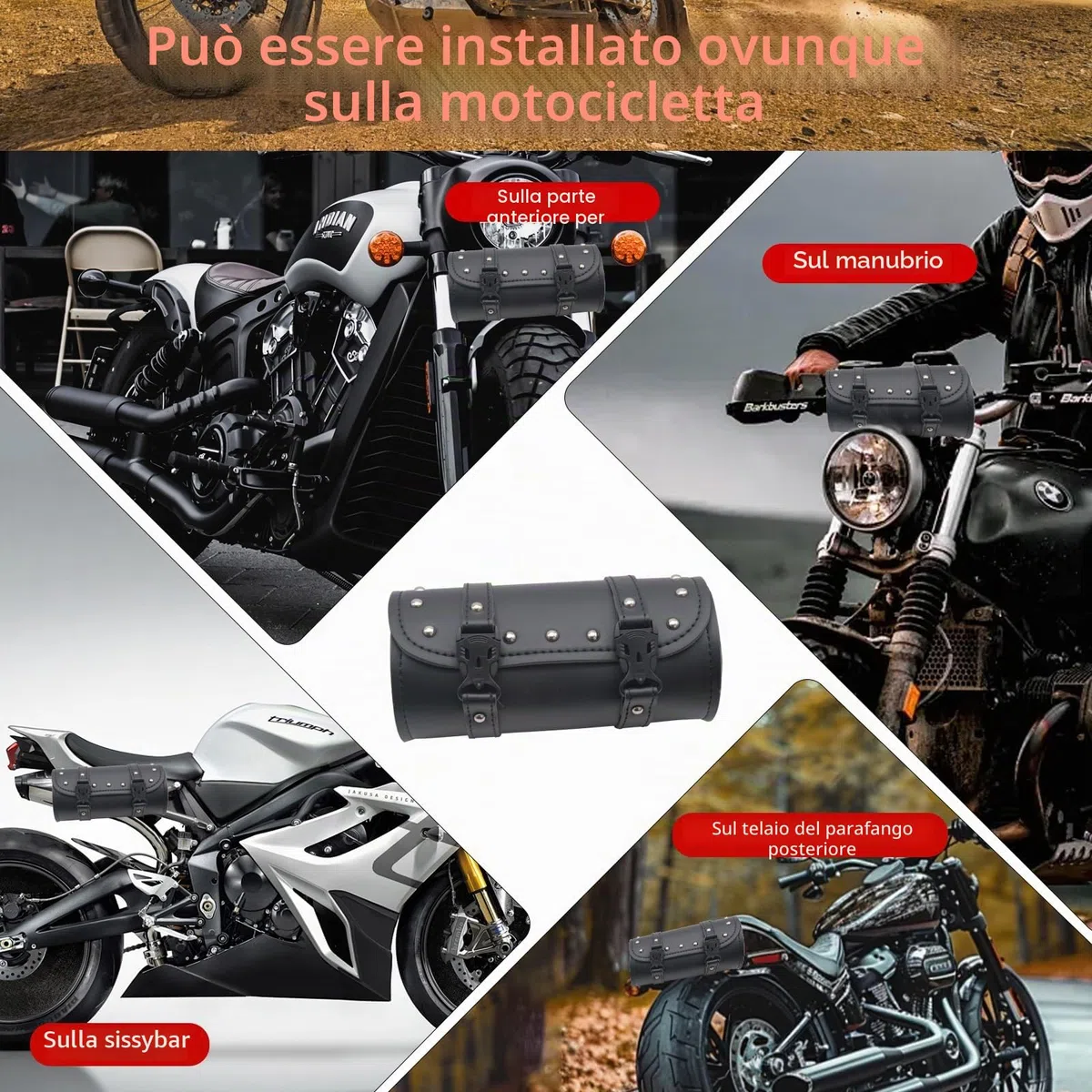 Borsa universale per moto, borsa per attrezzi, in pelle, impermeabile, per bicicletta, con 2 cinghie di fissaggio, borsa posteriore (nero)