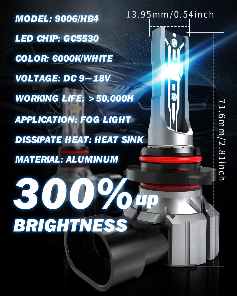 OUSHI Lampadine HB4 LED 55W, Canbus 9006 LED Lampadine per Fari, Lampadine Fendinebbia Super Luminose Impermeabili Da 12000 LM, 6000K Xenon Bianco (2 Pezzi)