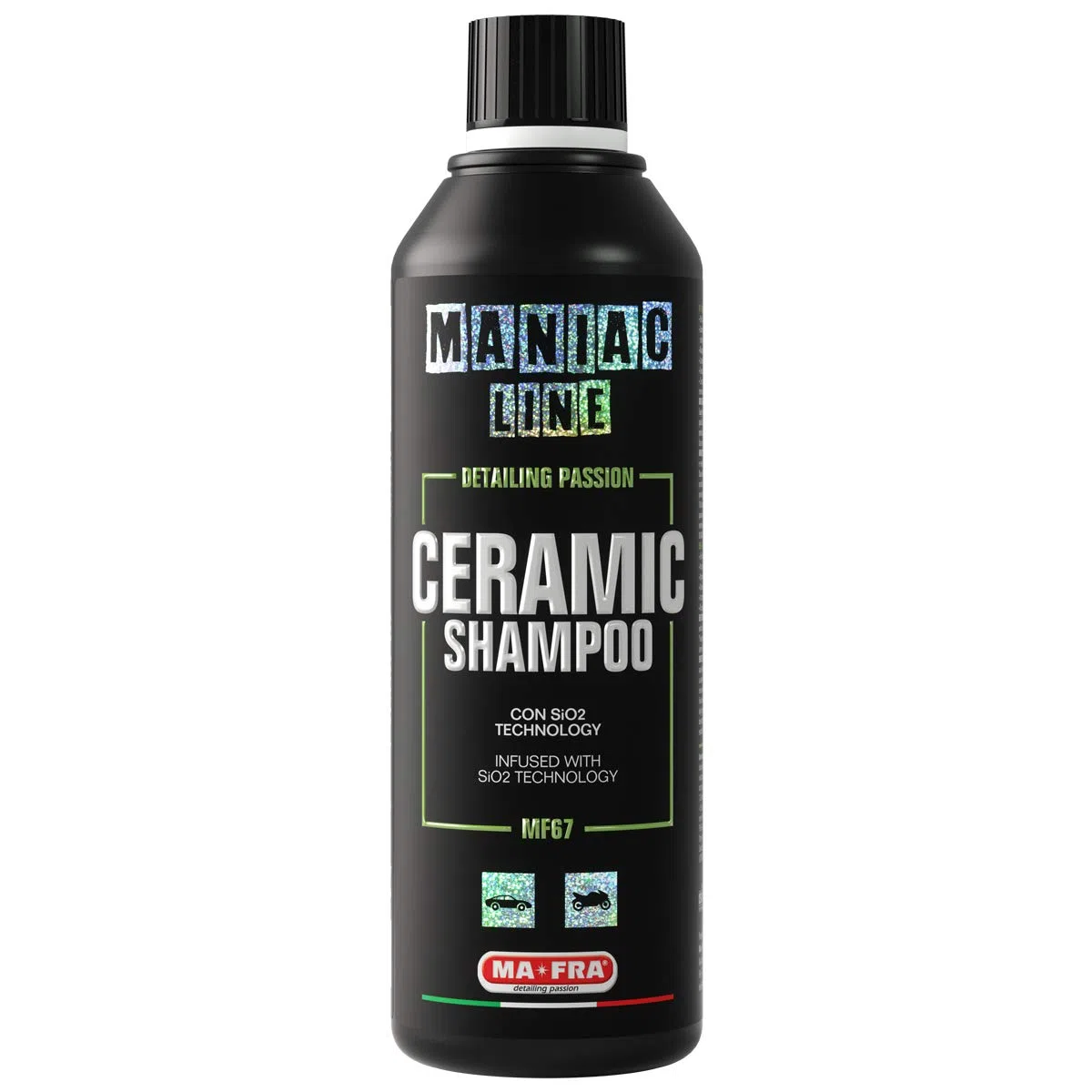 Ma-Fra, Maniac Car Detailing Line, Ceramic Shampoo con SiO2 Technology, Shampoo Auto 3in1 Concentrato, Lava, Sigilla la Carrozzeria, Protegge l'Auto da Agenti Chimici per 90 Giorni, Formato da 500ml