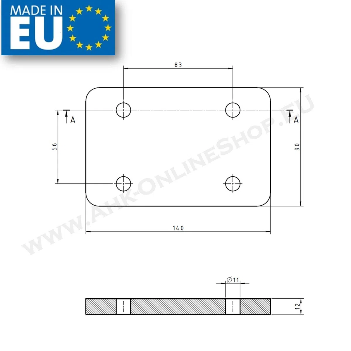 AHAKA Piastra distanziatrice 12 mm per gancio di traino a flangia, cavalletto 83 x 56 mm, adatta per tutte le teste a sfera con foro 83 x 56 mm, in acciaio per costruzioni, nero opaco