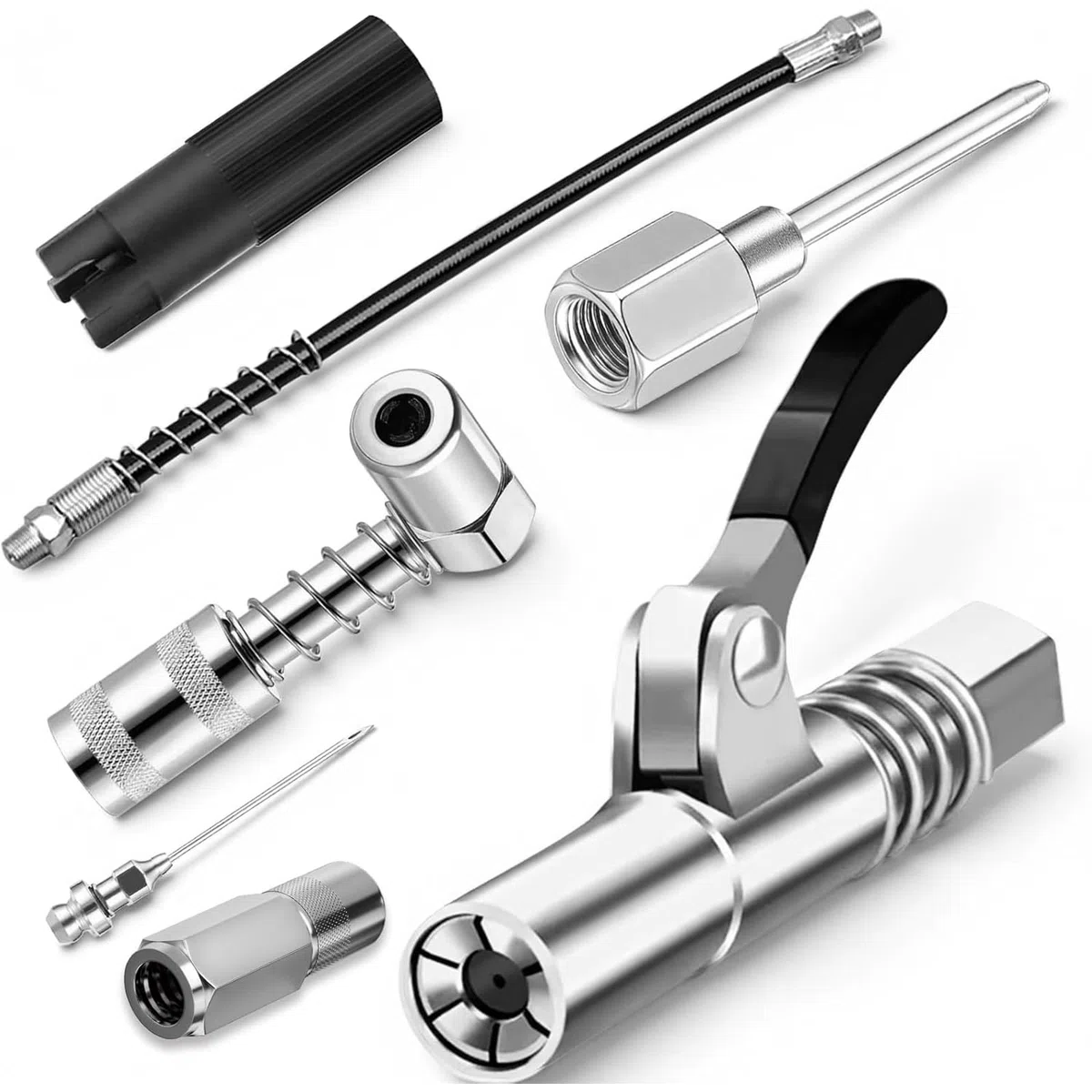 Set di bocchini per grasso, 8 pezzi, con attacco rapido, adattatore per pressa grasso, adattatore per frizione a 90 gradi, tubo per pistola grassa da 30 cm, compatibile con tutte le presse per