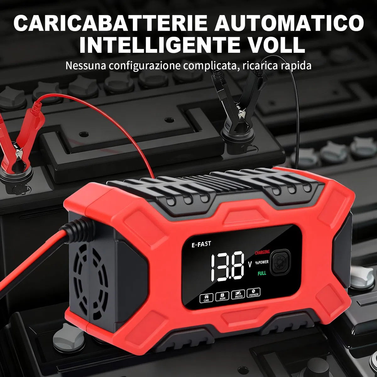 Carica Batteria per Auto, Caricabatterie Auto 12V 6A, Automatico Caricabatterie per Moto con Schermo LCD, Carica Batteria Portatile con Multi Protezioni e Manutenzione per Auto Moto Camion AGM Gel