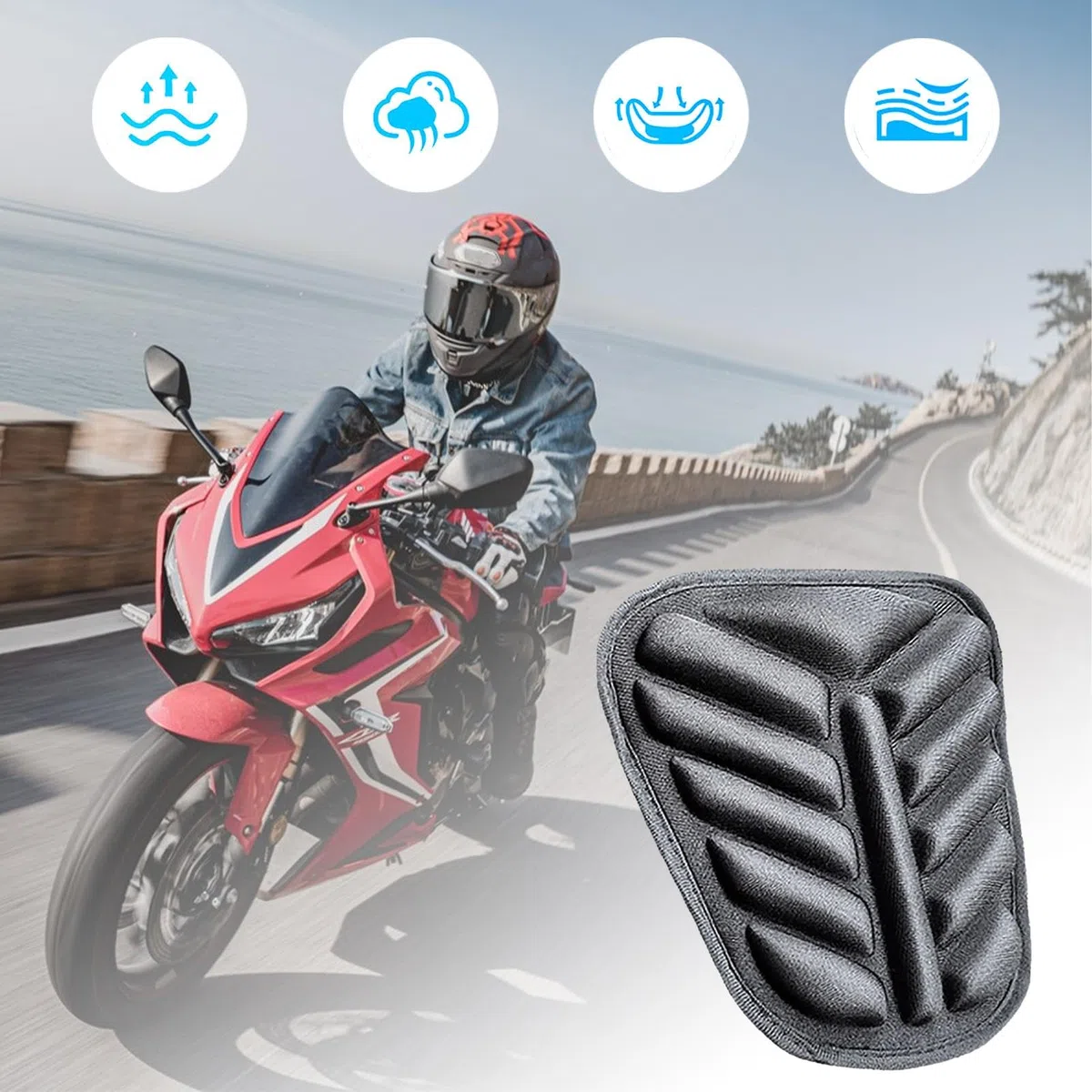 Cuscino per sedile moto in gel, cuscino per sedile passeggero, traspirante e ammortizzante, morbido cuscino a nido d'ape per lunghe pedalate