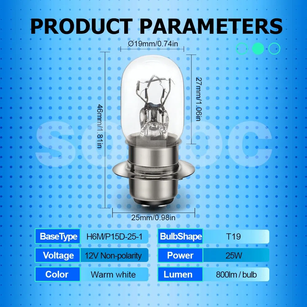 SOFOC P15D-25-1 Lampadina H6M 1 Perno 12V 25W Bianco Caldo T19 Moto Scooter Fari Anabbaglianti Abbaglianti 800+lm Lampada Anteriore Motociclo 2Pcs