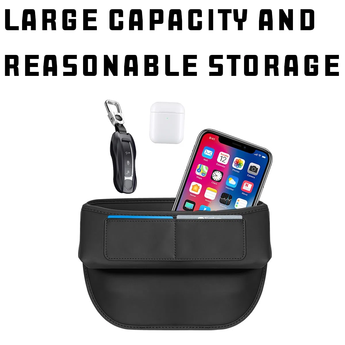 JNNJ Scatola Portaoggetti per Auto, Tasca a Fessura Del Sedile con Organizer in Pelle per Lo Stoccaggio, Riporre Cellulari Laterali (Nero)