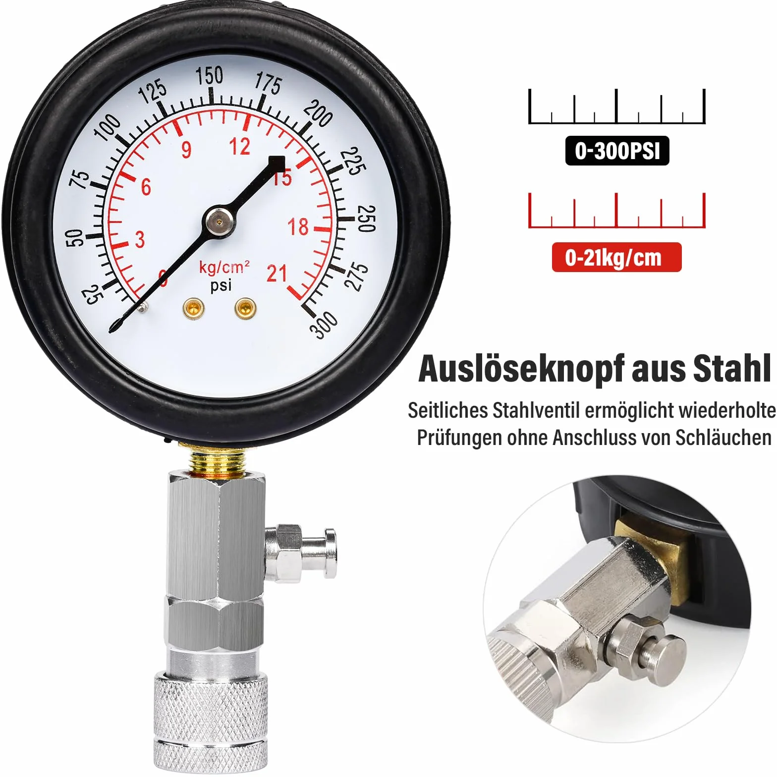 Tester di Compressione, Manometri Compressione per Motori Benzina 0-20 Bar o 0-300 PSI con 4 Adattatori M10 M12 M14 M18 per Auto e Moto (Blu)