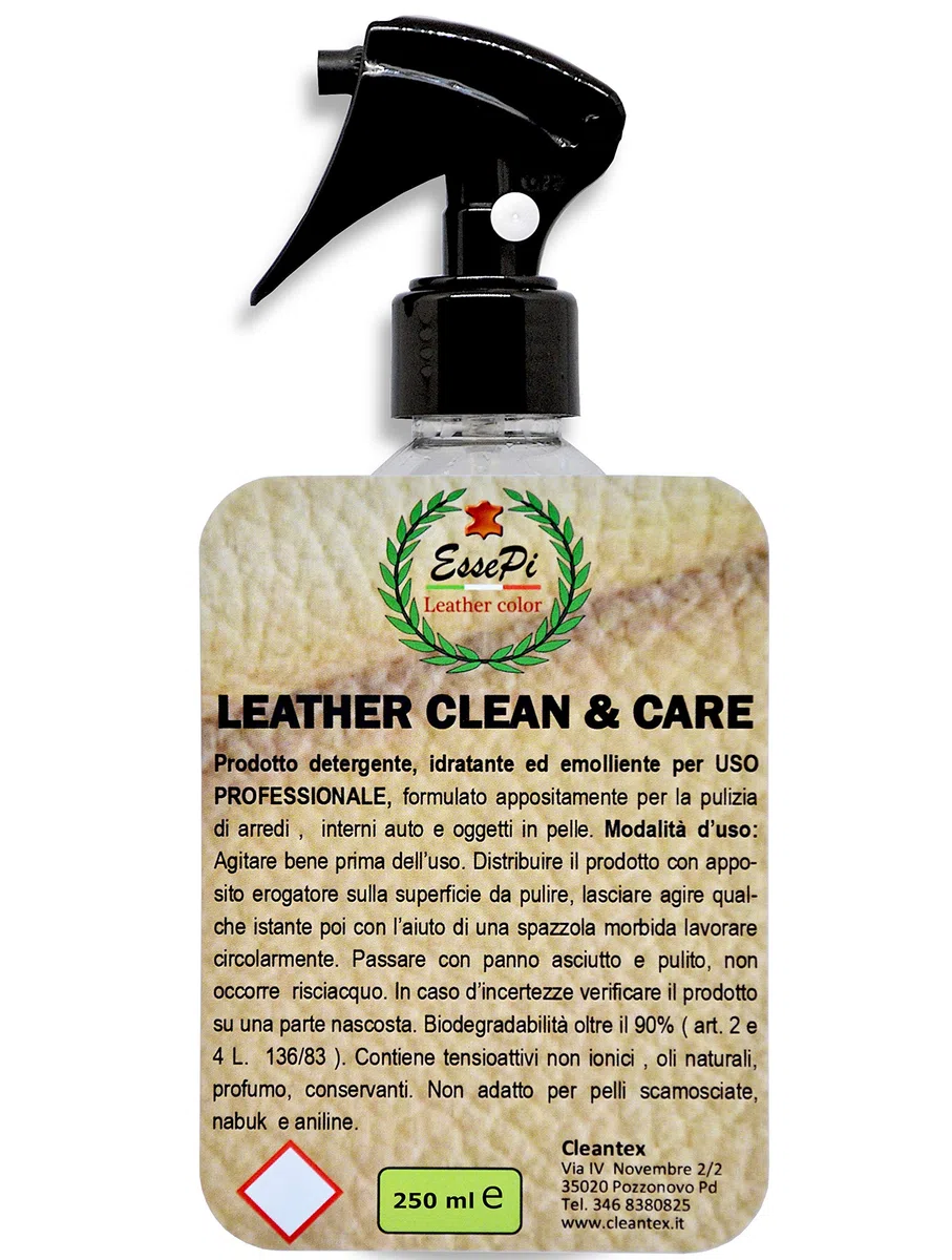 LEATHER CLEAN & CARE prodotto per pulizia divani in pelle, sedili auto in pelle e per tutti gli articoli in pelle. Pulisce, nutre e protegge, tutto in una sola passata. A base acquosa NO Toxic, 250 ml