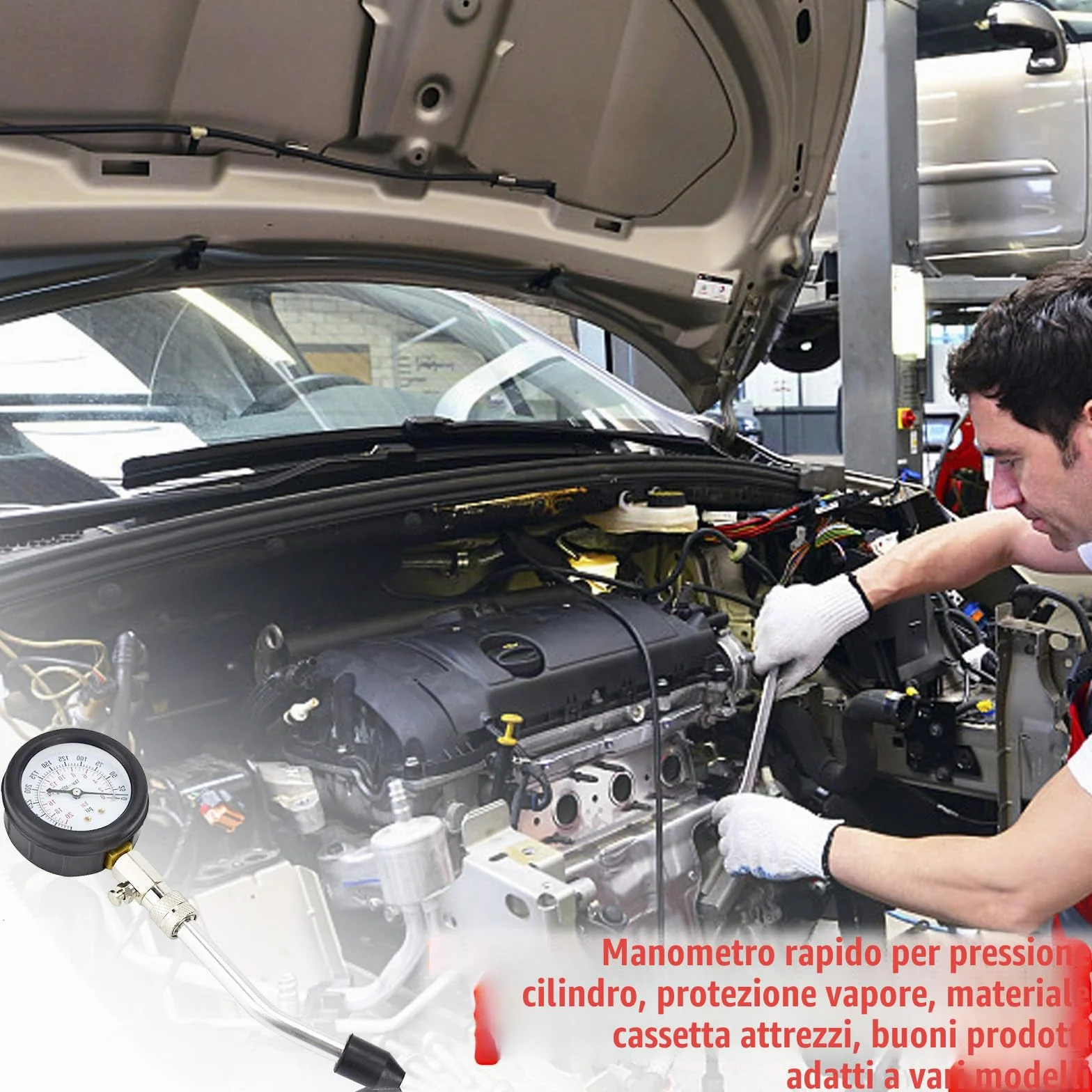 Kit Tester di Compressione per Auto: Set di 4 Adattatori e Valigia, Misuratore di Compressione Motore a Benzina 0-20 Bar o 0-300 PSI, per Camion, Moto
