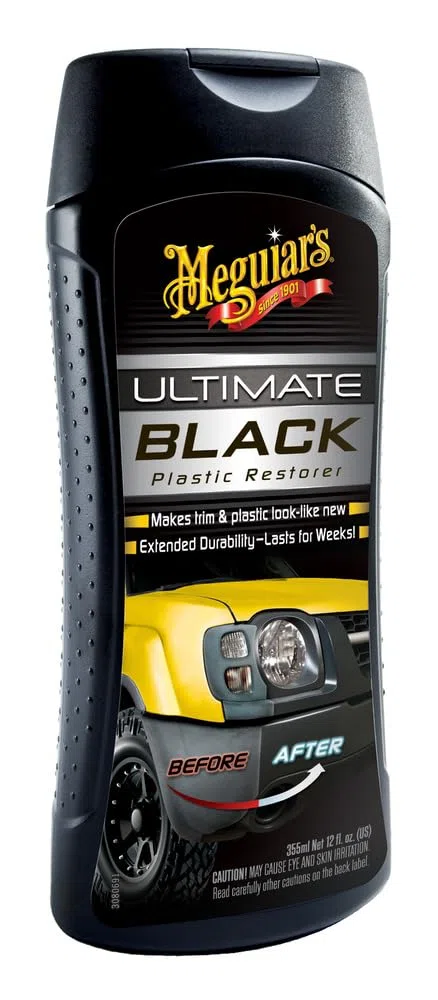 Meguiar's G15812EU Ultimate Black Restorer - Rinnova Plastiche Esterne, Vinile, Gomma - Protezione UV, Asciuga Rapidamente - Nero Splendente - 355 ml - Pulizia Auto