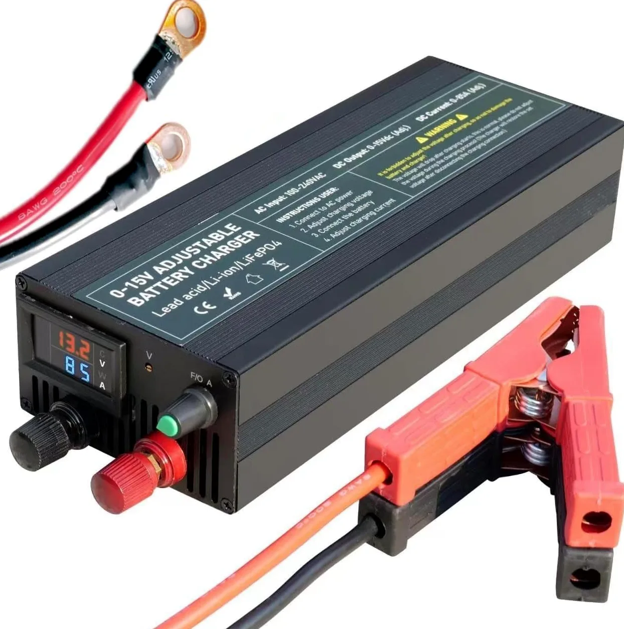 Caricabatterie LiFePO4 14.6V 100A con Cavo Sostituibile, Caricabatterie Litio 0-15V/0-100A con Regolazione di Precisione della Tensione a Multigiri Per Auto, Camion, Moto, Tosaerba, Barca