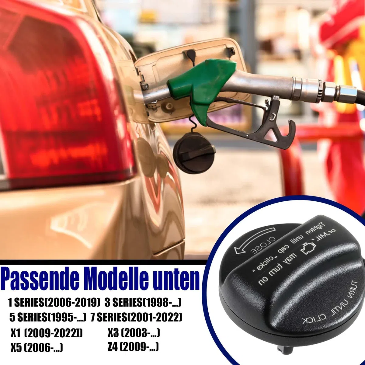 Tappo serbatoio carburante con cinghia di fissaggio compatibile con BMW E39 E46 E60 E61 E84 E87 E90 E92, X3,X5,MINI, Tappo serbatoio carburante auto di ricambio(nero)