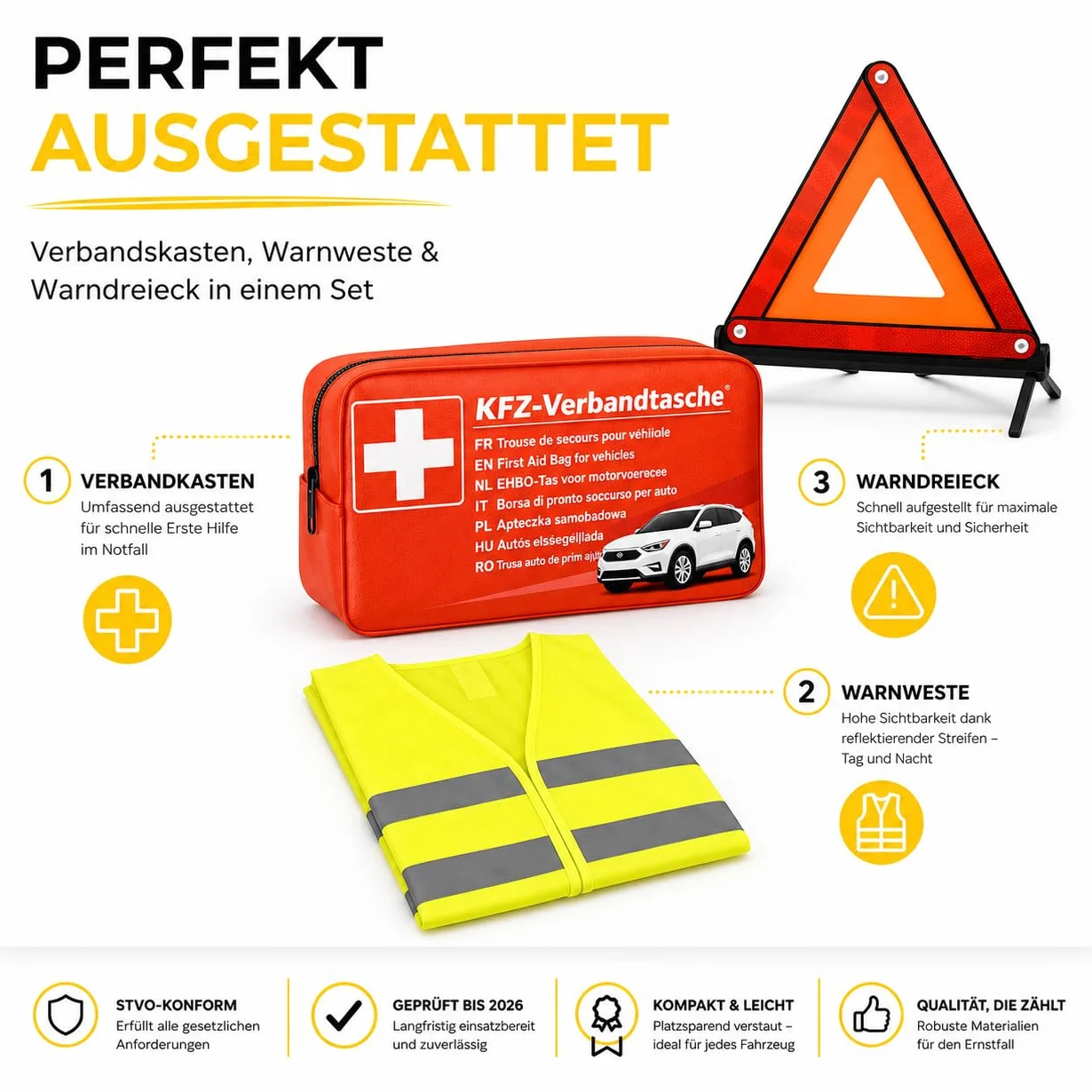 Kit di Pronto Soccorso per Auto 3 in 1, Testato nel 2026 e Accessori - con Giubbotto di Sicurezza e Triangolo di Emergenza per StVO