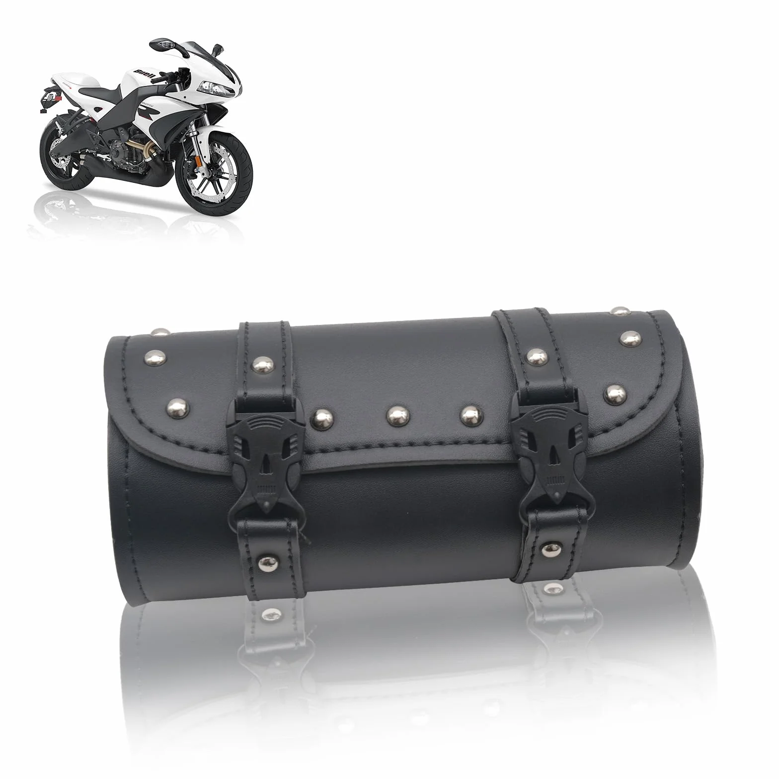 Borsa universale per moto, borsa per attrezzi, in pelle, impermeabile, per bicicletta, con 2 cinghie di fissaggio, borsa posteriore (nero)