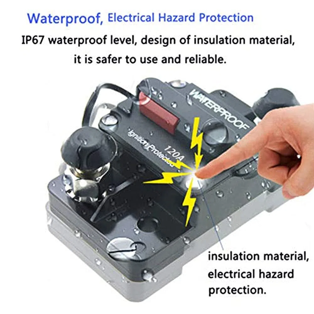 Interruttore automatico in linea per audio auto, impermeabile, CC 12 V-48 V, con reset manuale, portafusibili, interruttore automatico, portafusibili, per auto, barche, camper, roulotte (120 A)