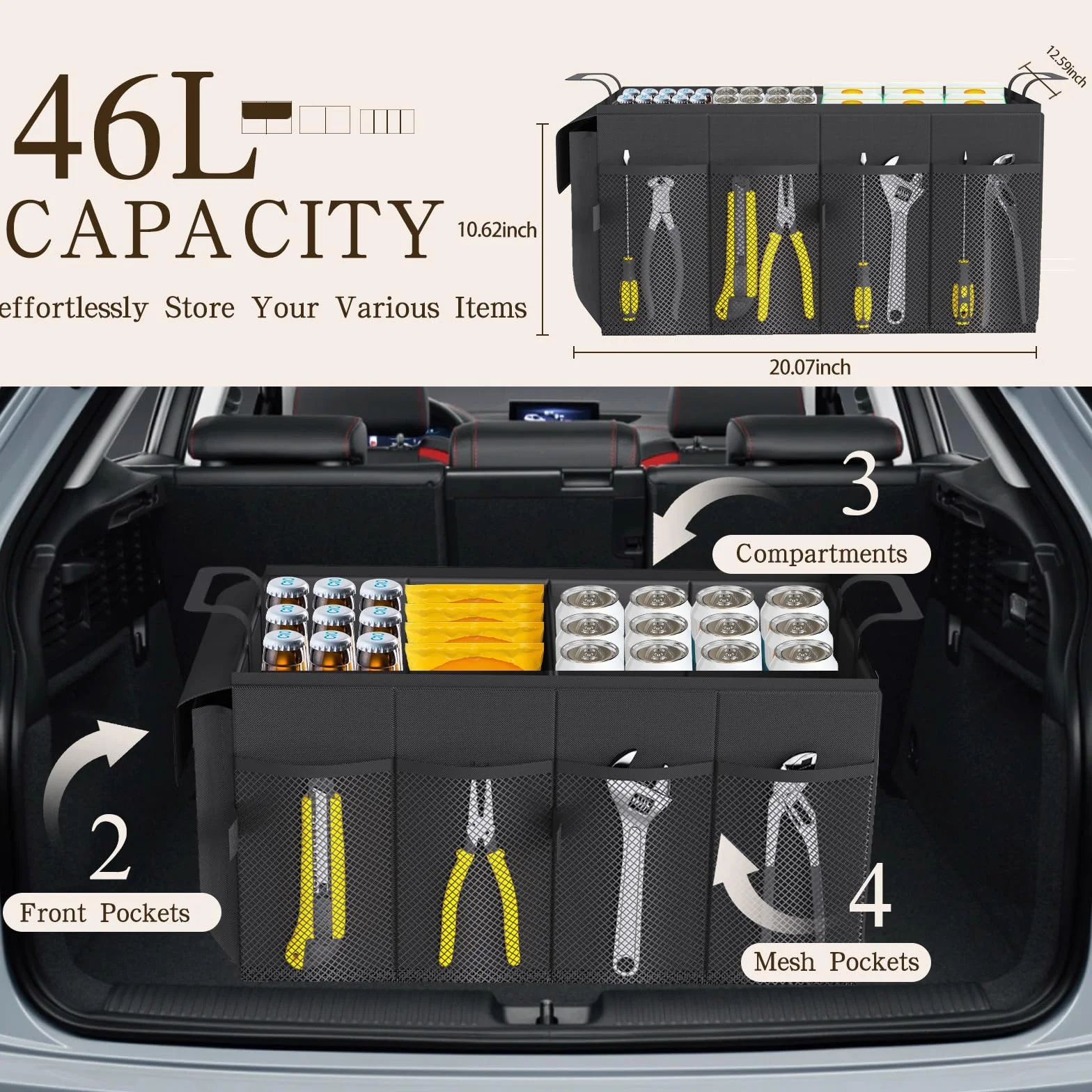 Beicarin Organizer per bagagliaio per auto, organizer pieghevole per bagagliaio per SUV e berline, robusta organizzazione per accessori auto, strumenti, articoli vari, dimensioni 51 x 34 x 27 cm