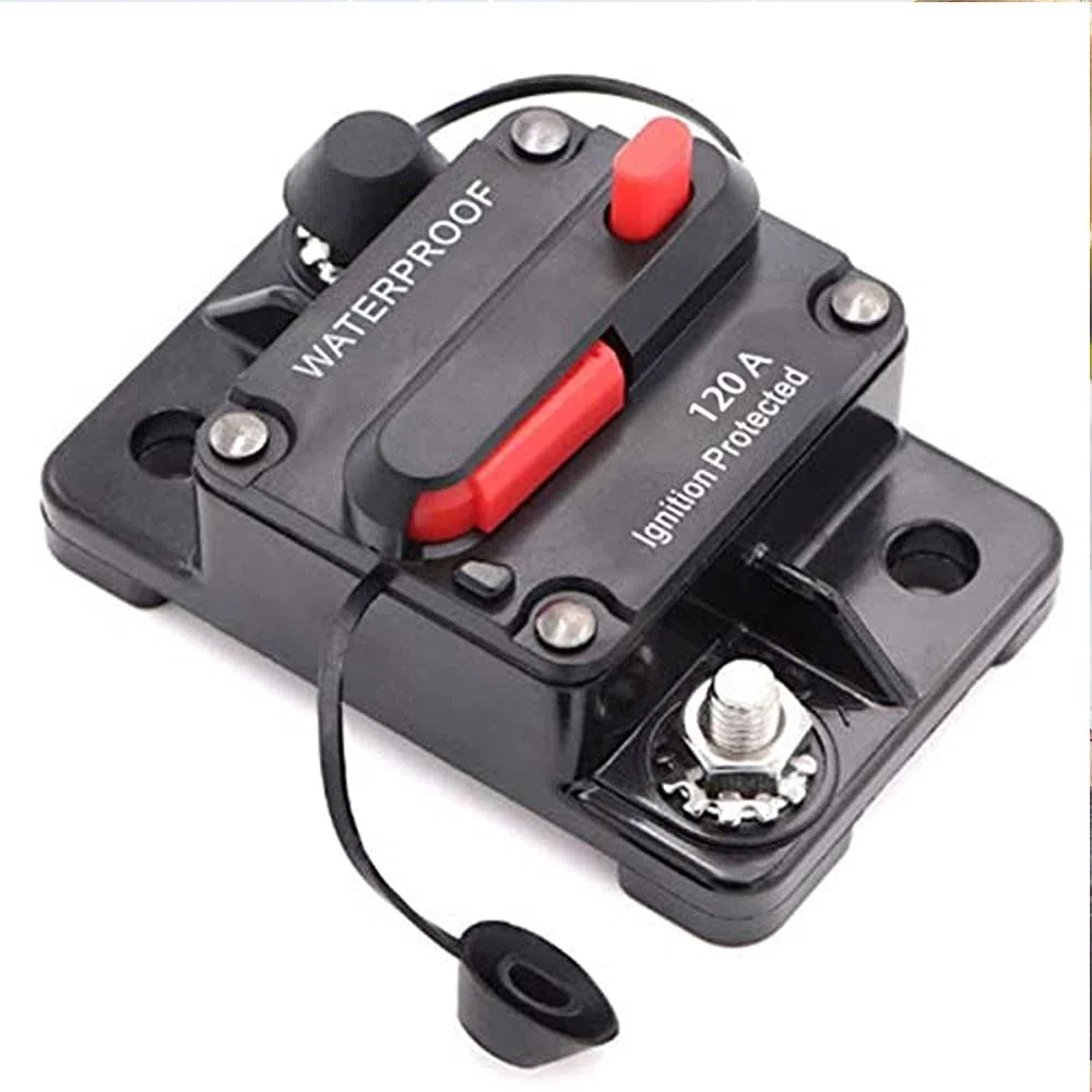 Interruttore automatico in linea per audio auto, impermeabile, CC 12 V-48 V, con reset manuale, portafusibili, interruttore automatico, portafusibili, per auto, barche, camper, roulotte (120 A)