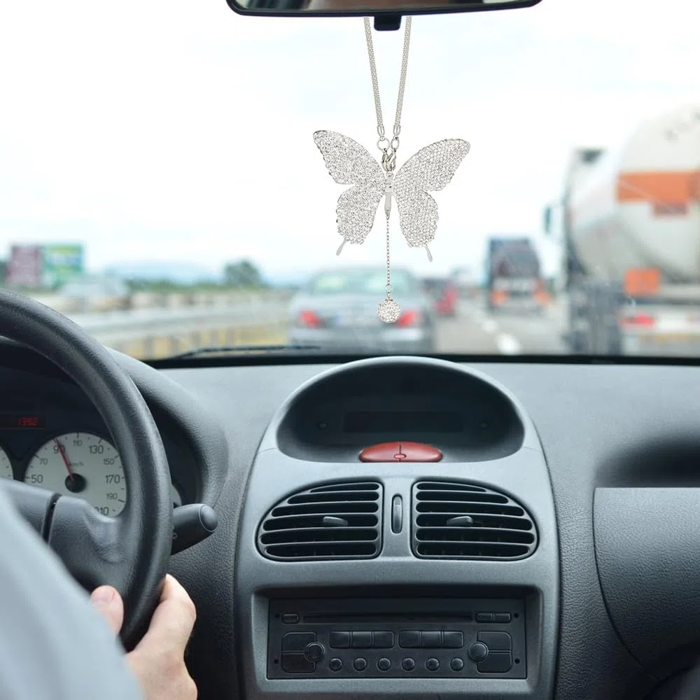 DONGKER Ornamento Appendere Auto, Ciondolo Farfalla per Specchietto Retrovisore con Strass Ornamenti, Decorazione Appeso per Auto e Casa