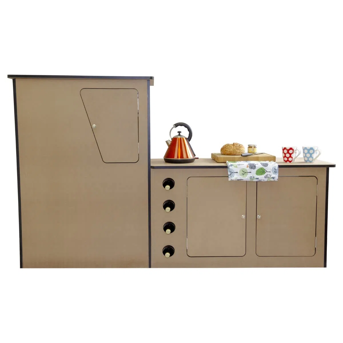 Cucina per camper Cucina da campeggio in MDF Interni Legno compensato Spessore: 18 mm 3 Armadi Spazio di stoccaggio Sinistra Controllo UE Incluso Portabottiglie Portabottiglie 4 Bottiglie Facile