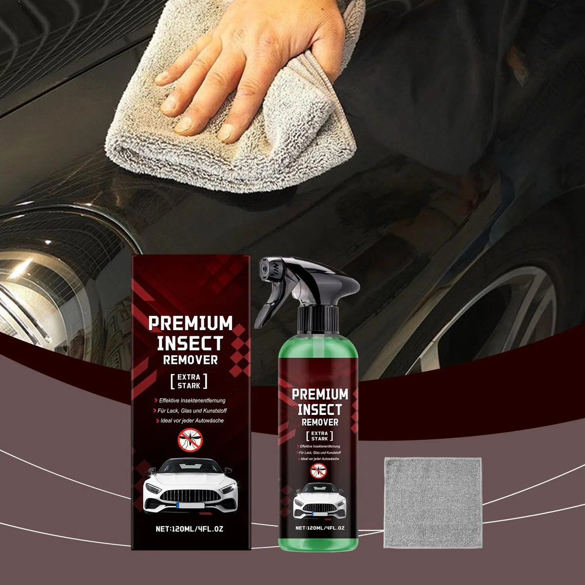 Rimuovi Insetti Auto,Detergente Rimuovi Insetti Carrozzeria, Detergente Spray per Auto, Elimina Macchie e Tracce di Insett in modo Facile, per Parabrezza, Fari e Vernice, 120ml