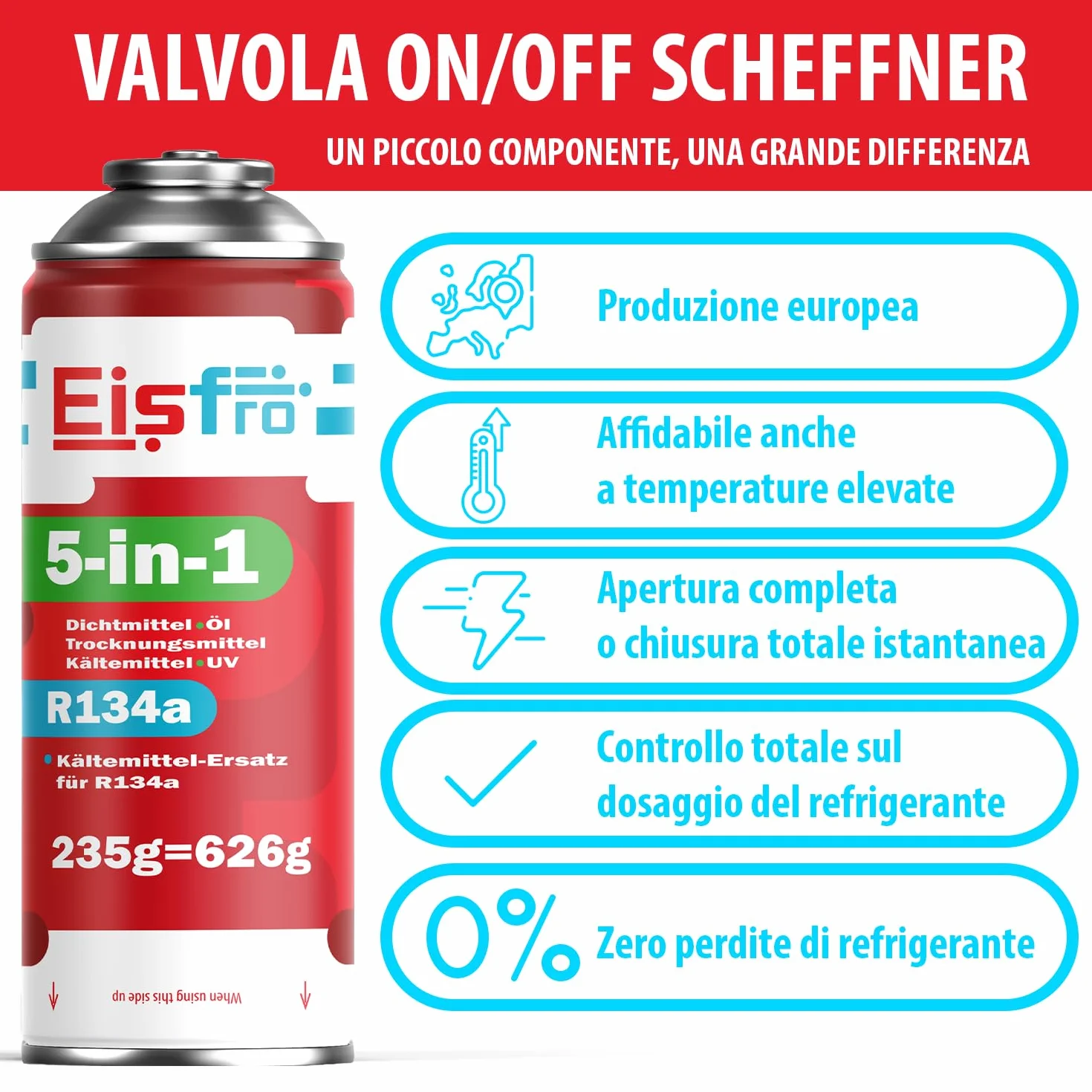 5-in-1 – Refrigerante R134a XL per climatizzatori auto con olio, sigillante, tracciante UV e disidratante – Protegge il compressore – 235 g per confezione