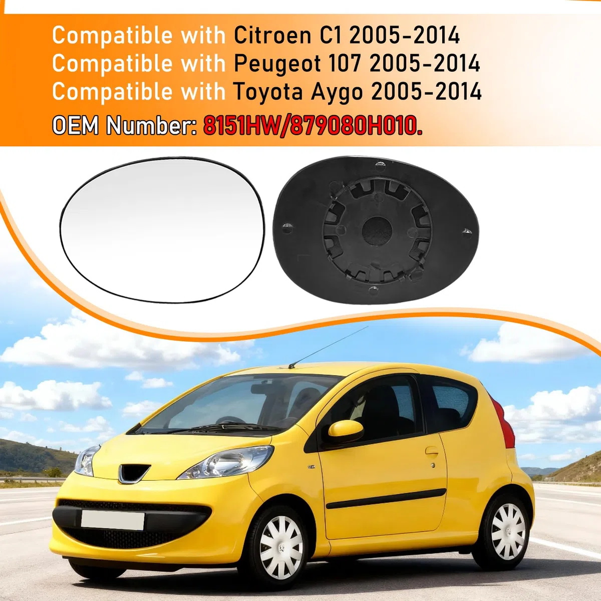 TTCR-II 1PC Compatibile con Vetro Specchio Citroen C1/Peugeot 107/Toyota Aygo 2005-2014, C1 Vetro Specchio Retrovisore, Specchietto Retrovisore Esterno Aygo Lato Conducente 8151HY/879080H010-Sinistro