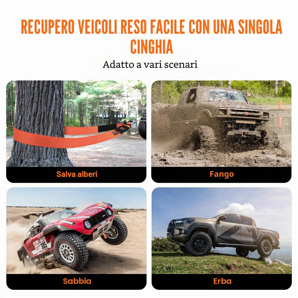 VEVOR Cinghia da Traino Auto Carichi Pesanti, Corda Verricello 76,2 mm x 6.1 m, Resistenza 16329 kg