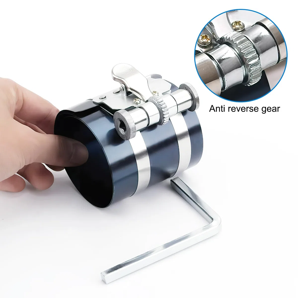 Compressore Anelli Pistone, Tenditore per Fasce Elastiche, Strumento di Compressore per Pistoni, Diametro Regolabile 53-125 mm, Altezza 75 mm, in Acciaio Forgiato, Alta Qualità e Durat