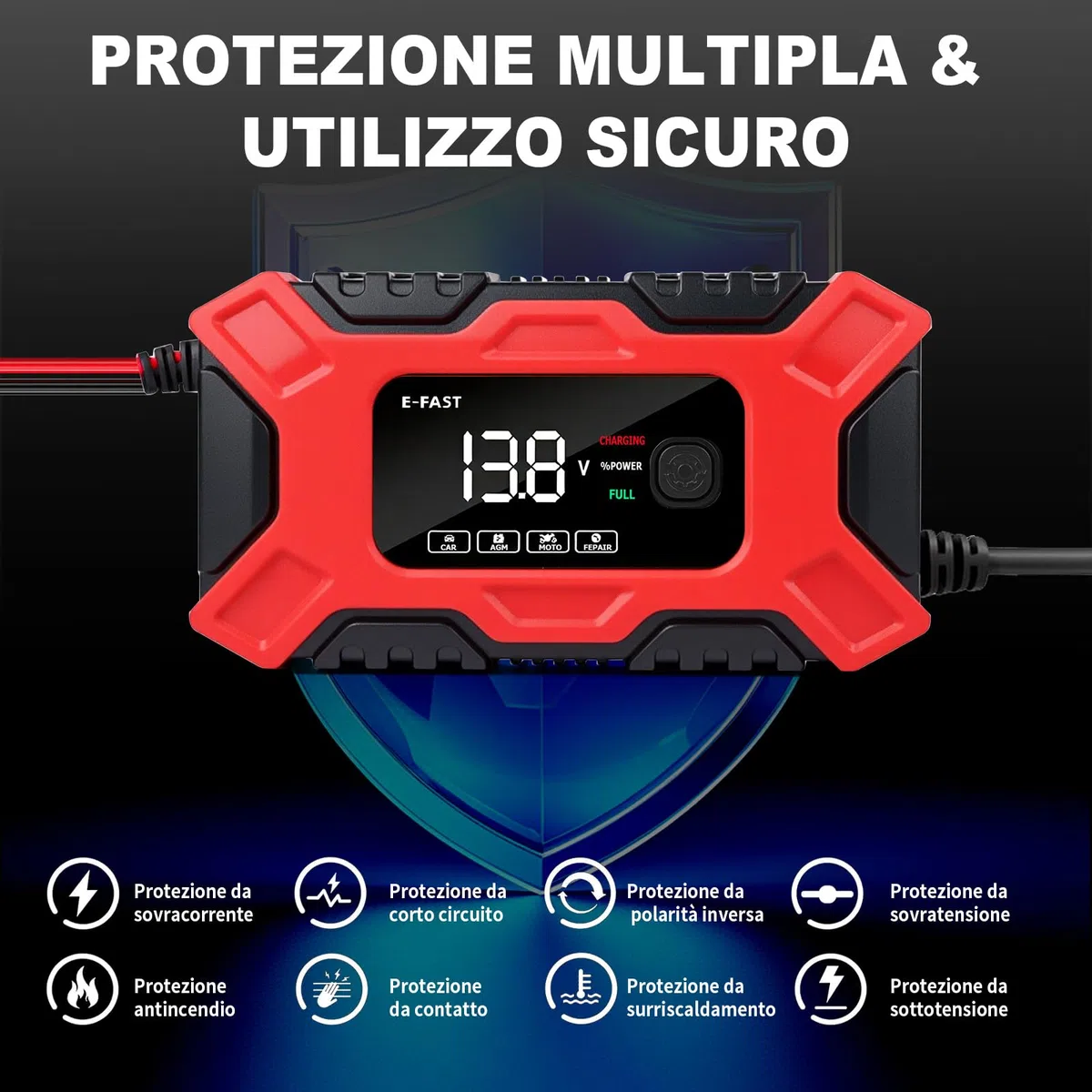 Carica Batteria per Auto, Caricabatterie Auto 12V 6A, Automatico Caricabatterie per Moto con Schermo LCD, Carica Batteria Portatile con Multi Protezioni e Manutenzione per Auto Moto Camion AGM Gel