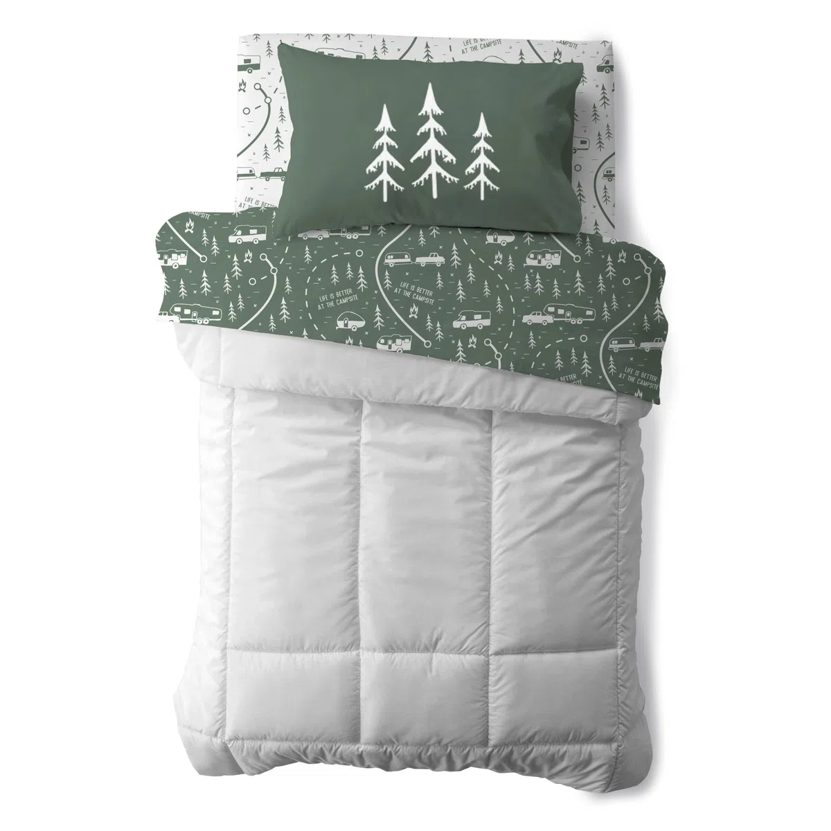 Camco Life is Better at The Campsite - Lenzuola a castello per camper e camper, con design verde e bianco, realizzate in morbido poliestere lavabile in lavatrice, set da 3 pezzi (53477)