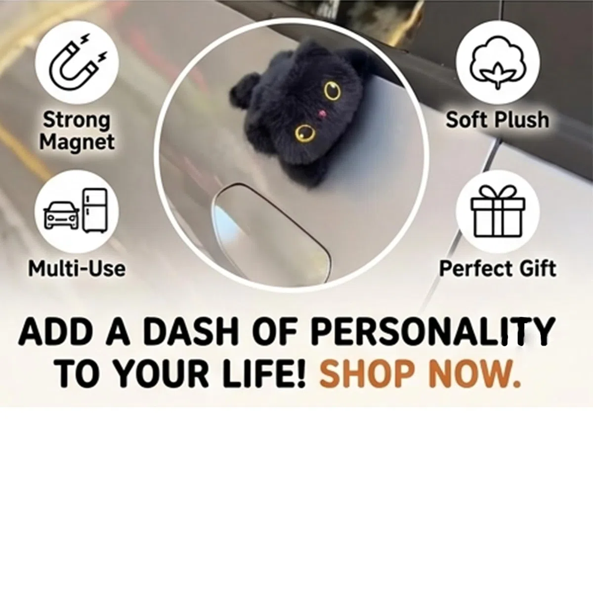 Decorazione magnetica per auto con gatti in peluche, ornamento per animali di peluche Kawaii da 14 cm per l'esterno dell'auto, decorazione magnetica carina per il frigorifero (Black Cat)