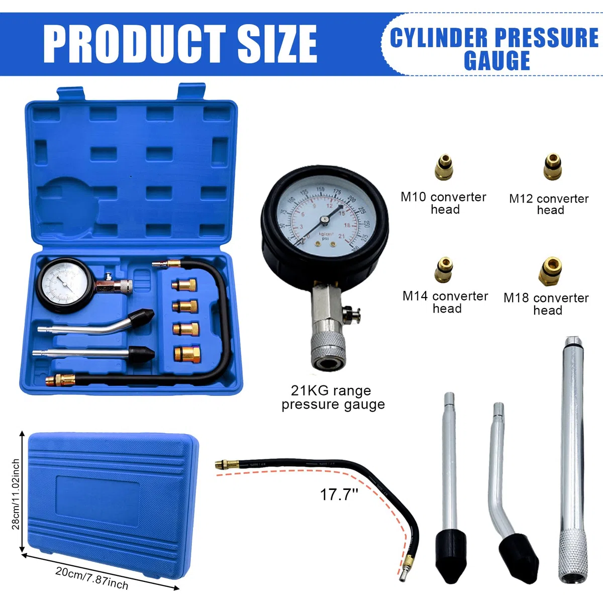 Set di tester di compressione, tester di compressione, misuratore di compressione per auto, M10 M12 M14 M18, colore blu