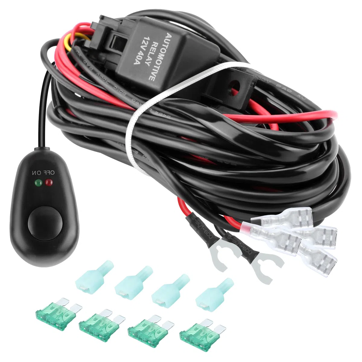 300W Set Cablaggio Fendinebbia con 2 Uscita, 12V Kit Cavi Fendinebbia Cablaggio Auto con relè 40A, interruttore basculante e 3 fusibili per Barra Cabina Barca-ATV Camion SUV e Moto