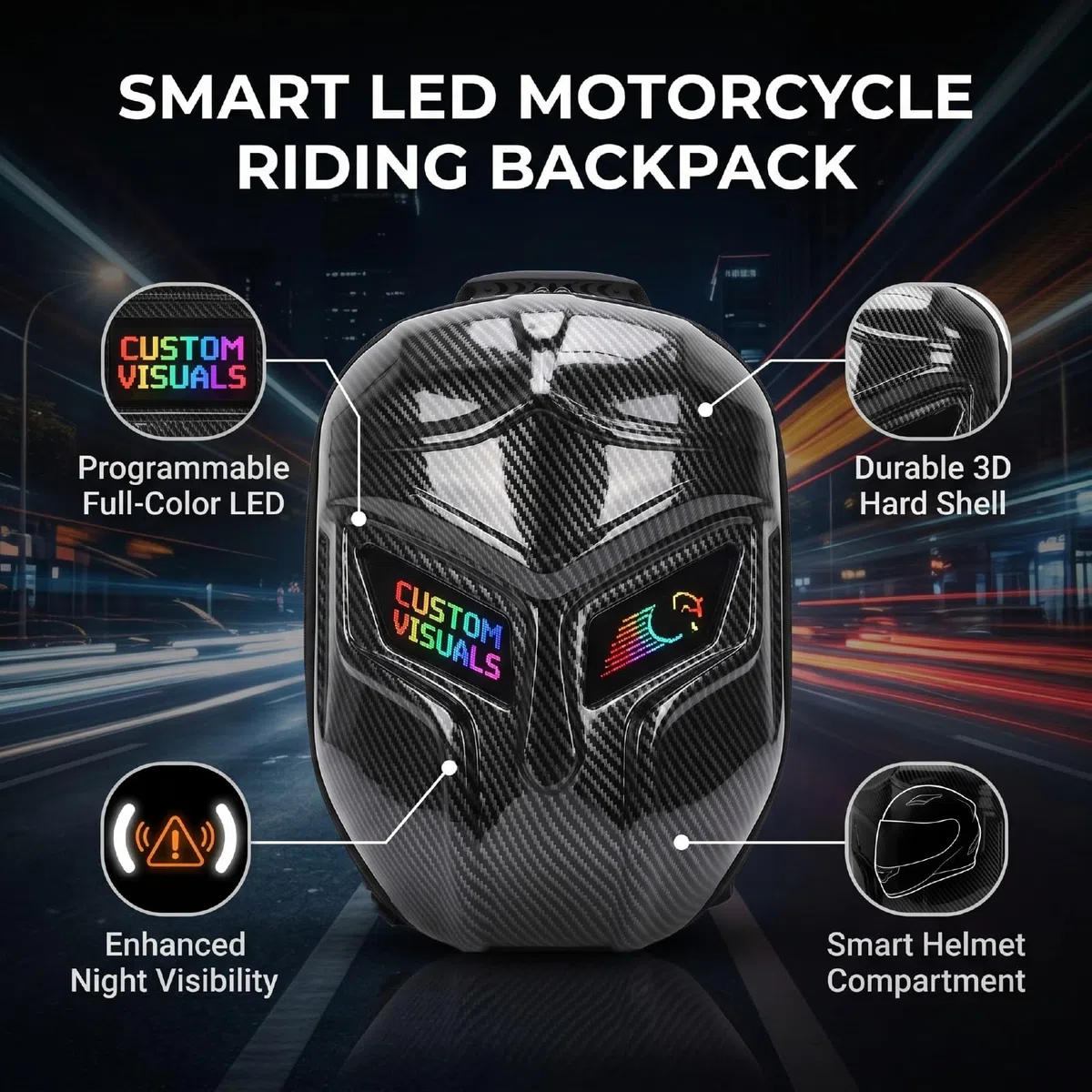 Asixxsix Zaino Moto da Uomo a LED, LED a Colori Programmabile | Controllo tramite app, visibilità notturna migliorata per unas guida più sicuras, guscio rigido impermeabile, per il ciclismo