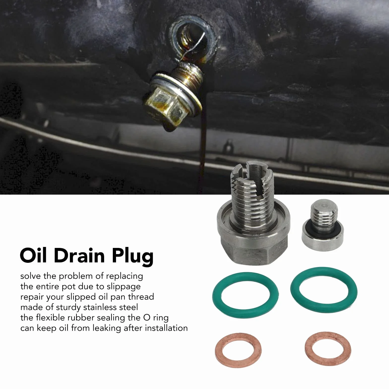 Tappo di Scarico Dell'Olio Tappo Protezione Coppa Olio Motore Tappo di Scarico Piggyback Oversize Kit di Riparazione Filettatura Coppa Olio Autofilettante con Guarnizione O Ring (M14.1-1.5x15mm)