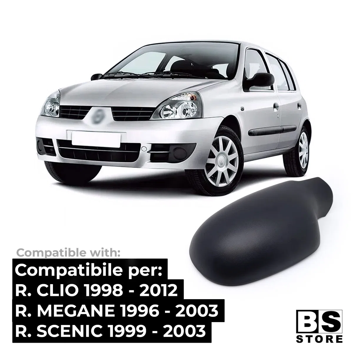 BSSTORE Calotta Specchietto Retrovisore Nera per CLIO II 1998, MEGANE 1996, SCENIC 1999 (Sinistra - Lato Conducente)