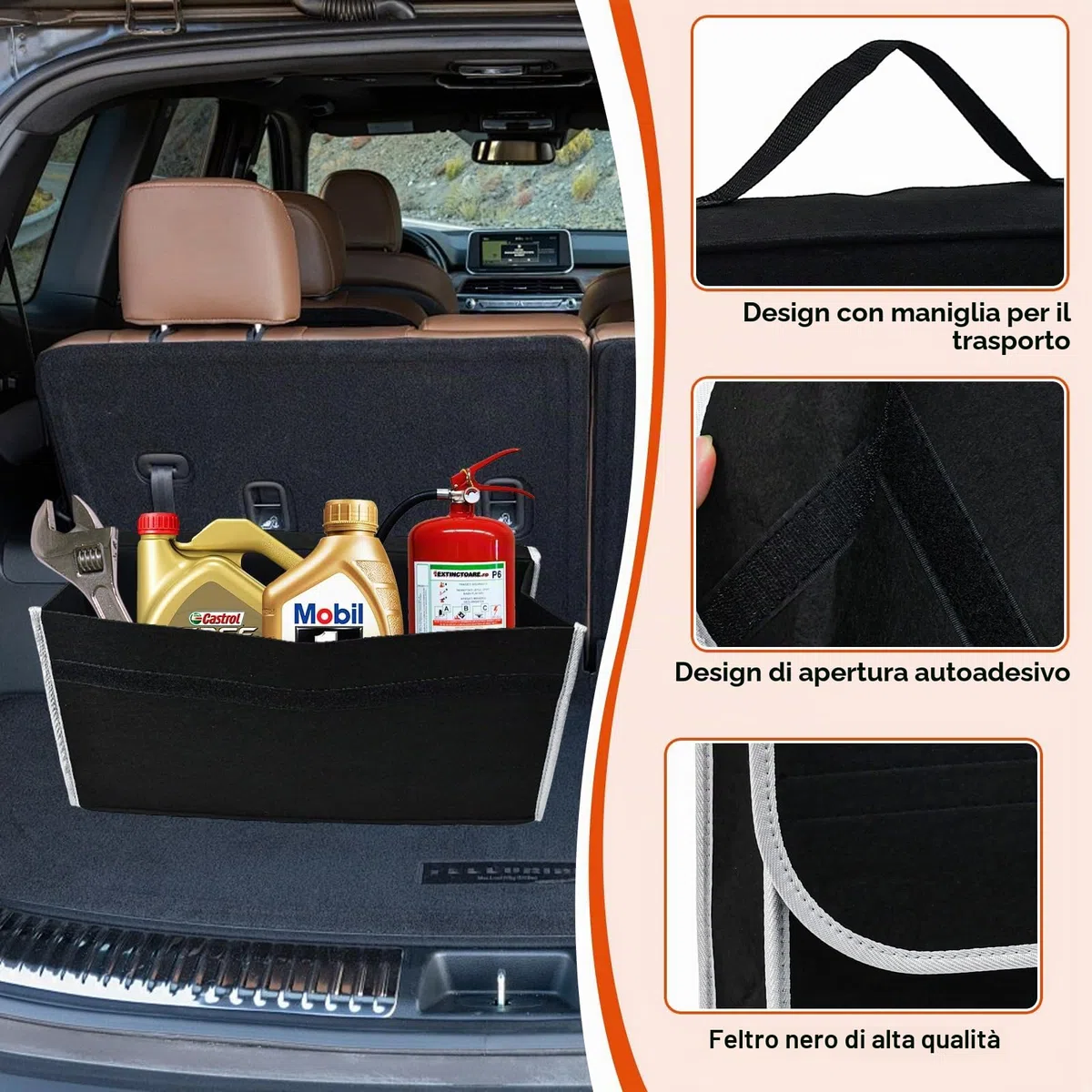 Borsa Organizer per Bagagliaio Auto,Contenitore in Feltro per Bagagliaio da 50 x 24 x 15 cm,Organizzatore Bagagliaio Feltro Pieghevole Adatto a Tutti i Veicoli (Nero)