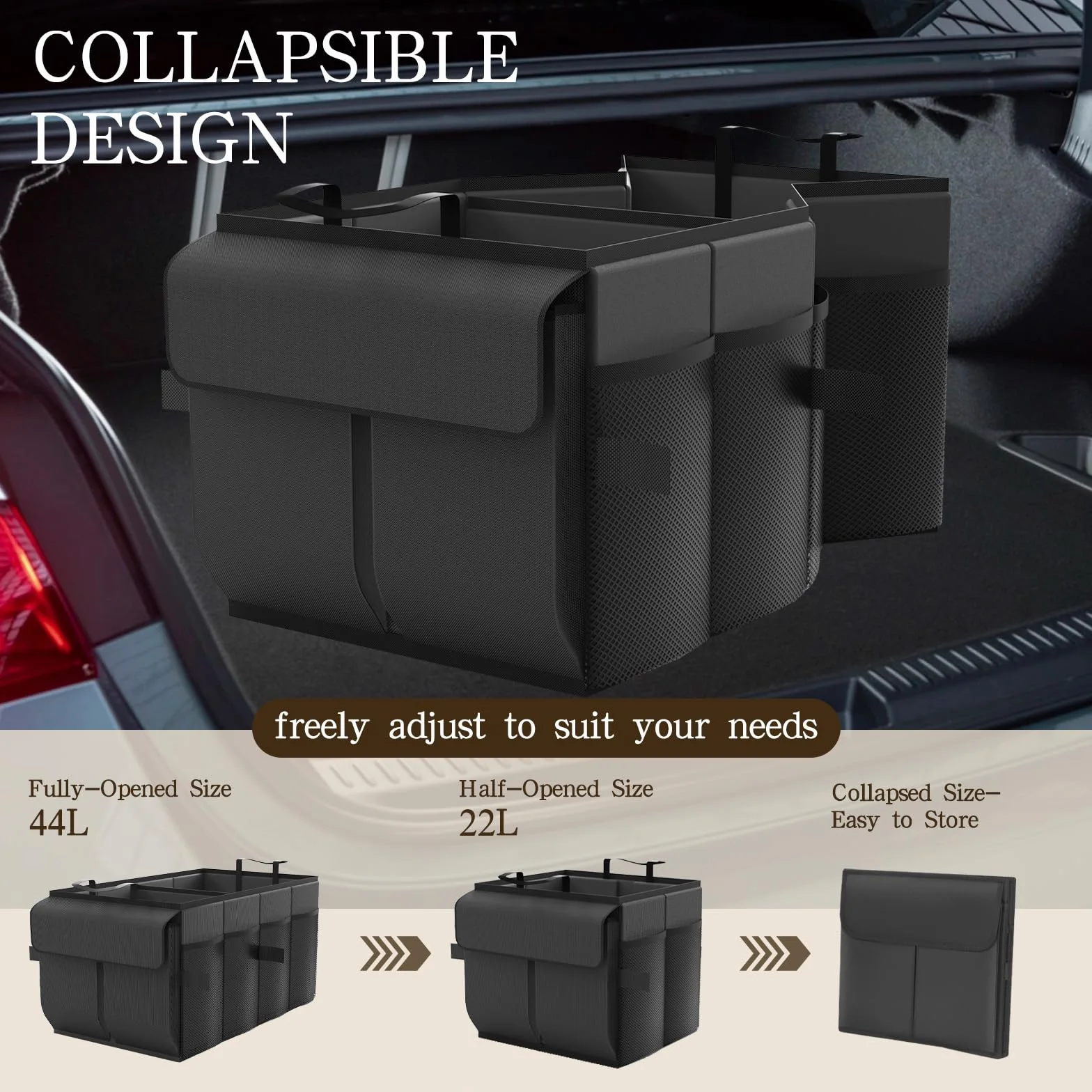 Beicarin Organizer per bagagliaio per auto, organizer pieghevole per bagagliaio per SUV e berline, robusta organizzazione per accessori auto, strumenti, articoli vari, dimensioni 51 x 34 x 27 cm
