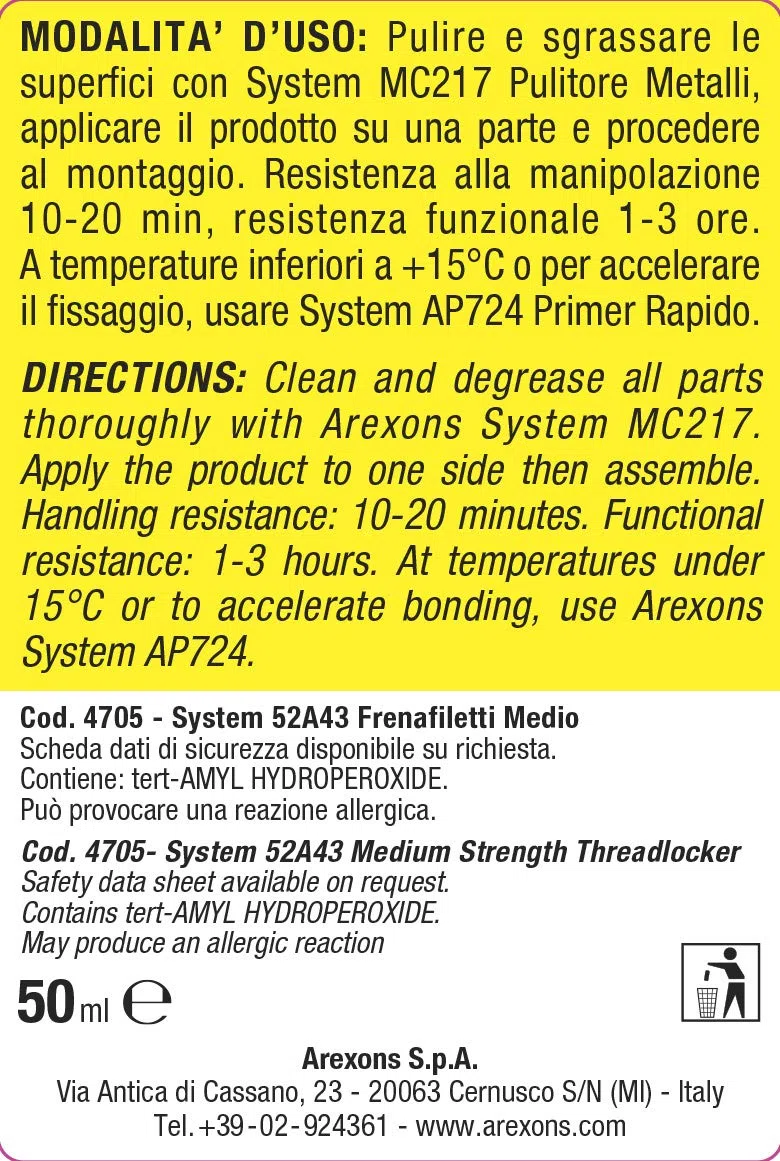 AREXONS B0137707 System 52A43, Frenafiletti Medio 50 ml, Frete a Bassa viscoità, Frenatura Permanente di prigionieri, Dadi e bulloni Non soggetti a smontaggio, Elimina allentamenti