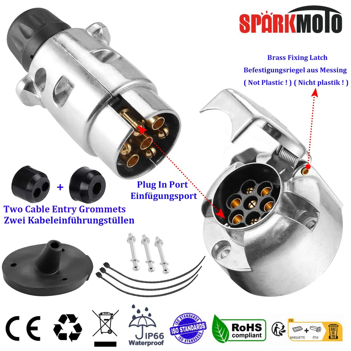 Presa per rimorchio in metallo a 7 pin, in alluminio, 7 poli, spina maschio femmina con accessori di installazione per roulotte e camper
