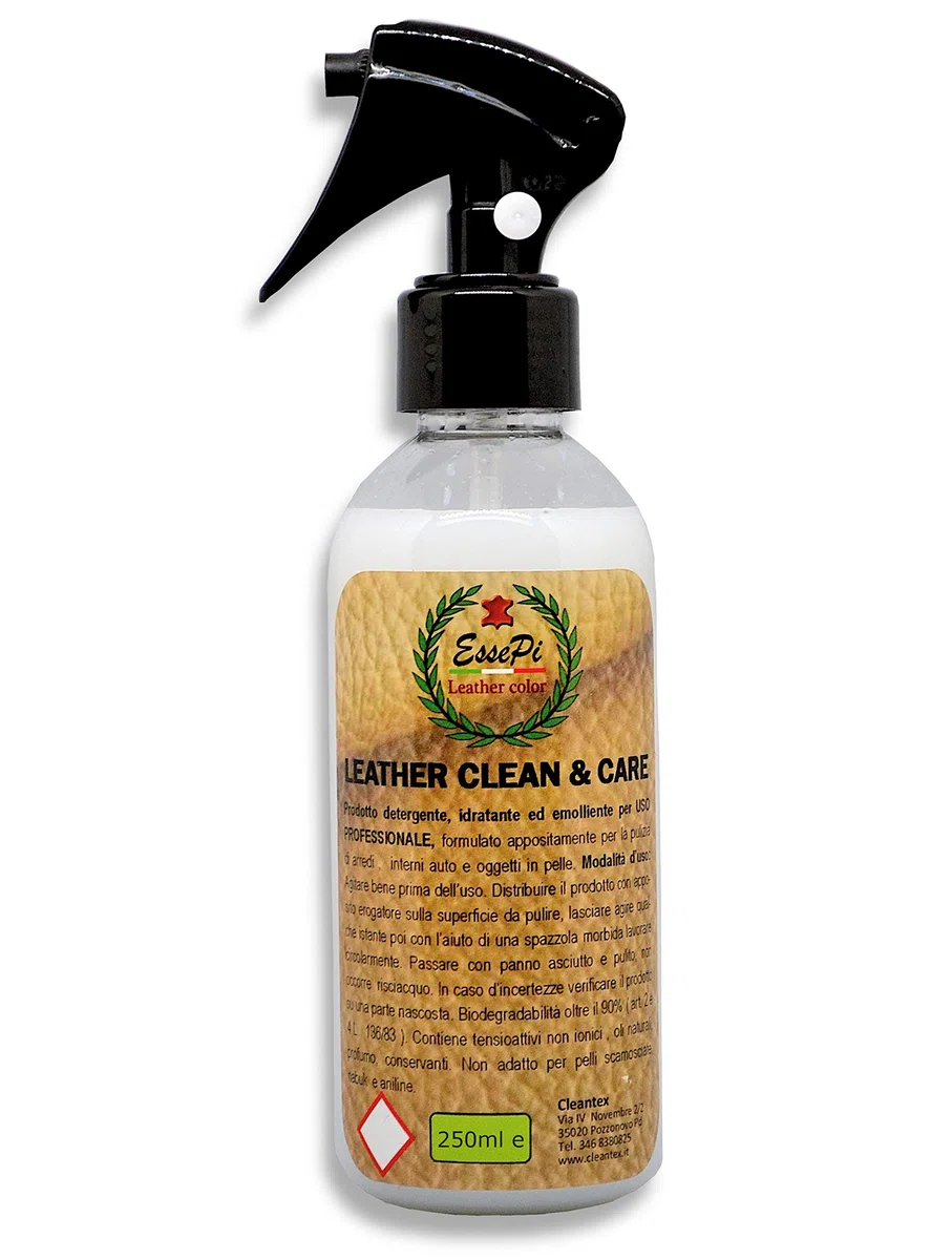LEATHER CLEAN & CARE prodotto per pulizia divani in pelle, sedili auto in pelle e per tutti gli articoli in pelle. Pulisce, nutre e protegge, tutto in una sola passata. A base acquosa NO Toxic, 250 ml