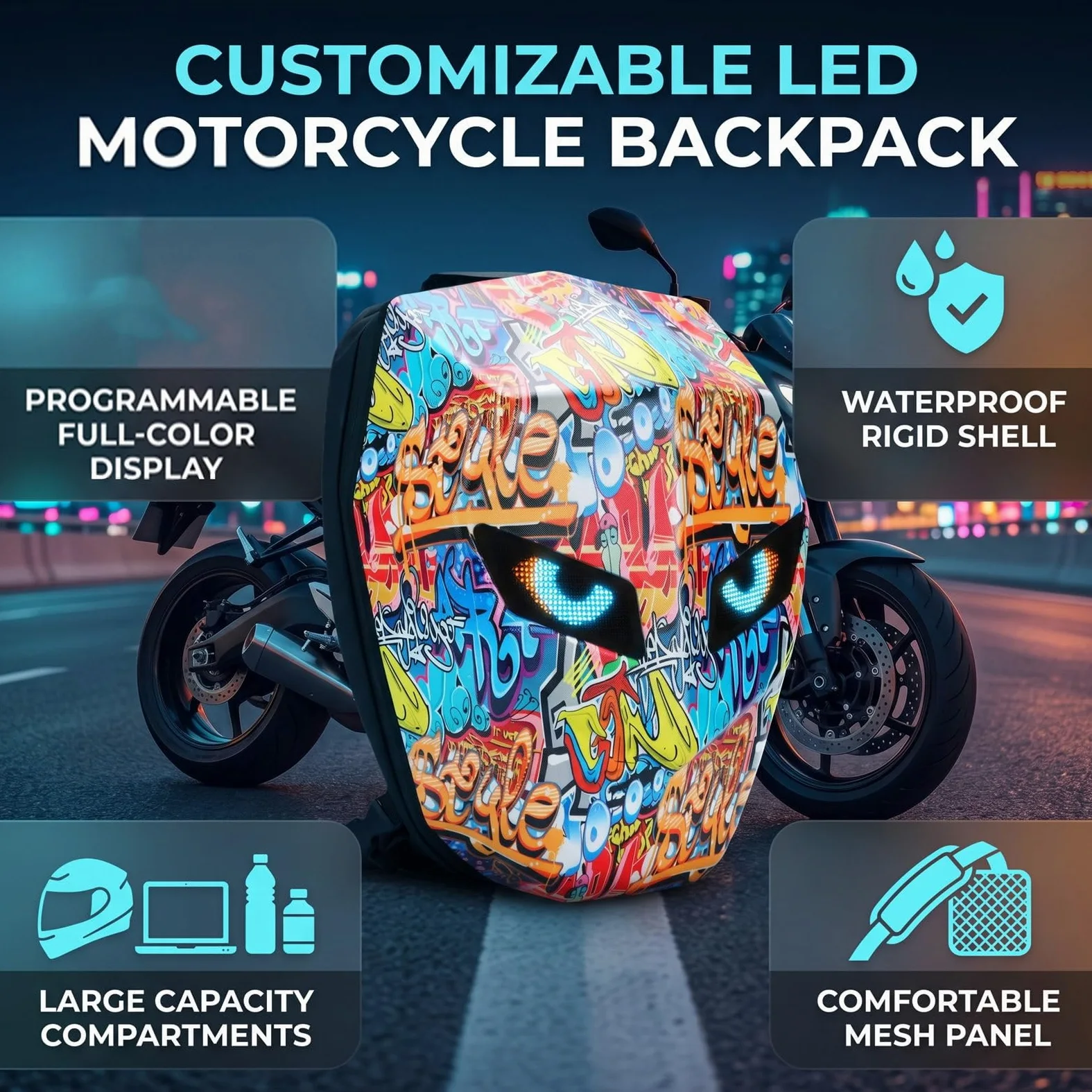 Luocute Zaino Moto LED, Schermo Programmabile | Borsa per laptop con guscio rigido resistente all'acqua, controllo app Bluetooth, per viaggi in bicicletta