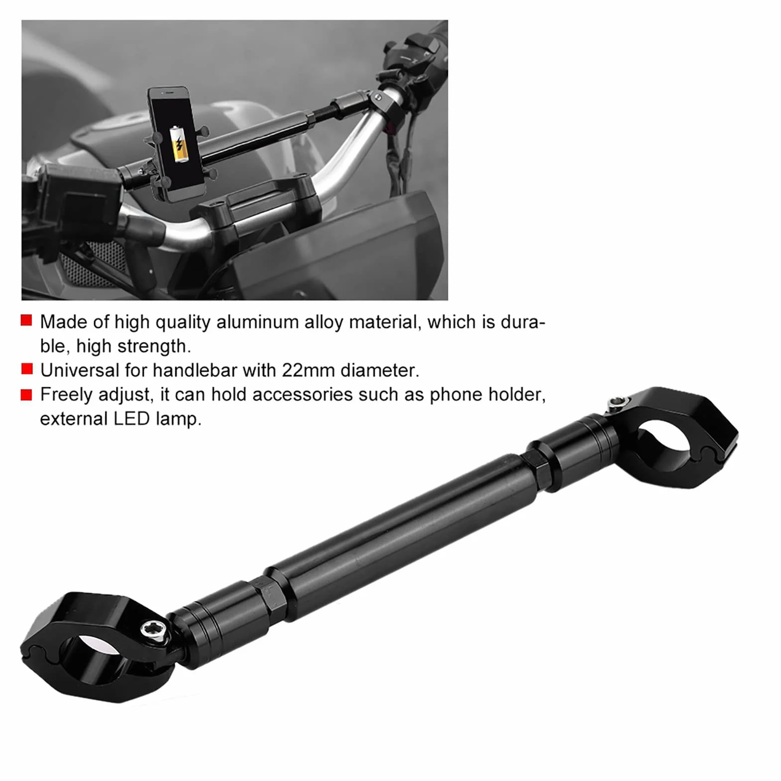 Barra Trasversale per Manubrio Bilanciato per Moto, Lega di Alluminio Resistente, Design Alla Moda, Diametro Universale 22 Mm, Compatibile con Supporto per Telefono (BLACK #02)