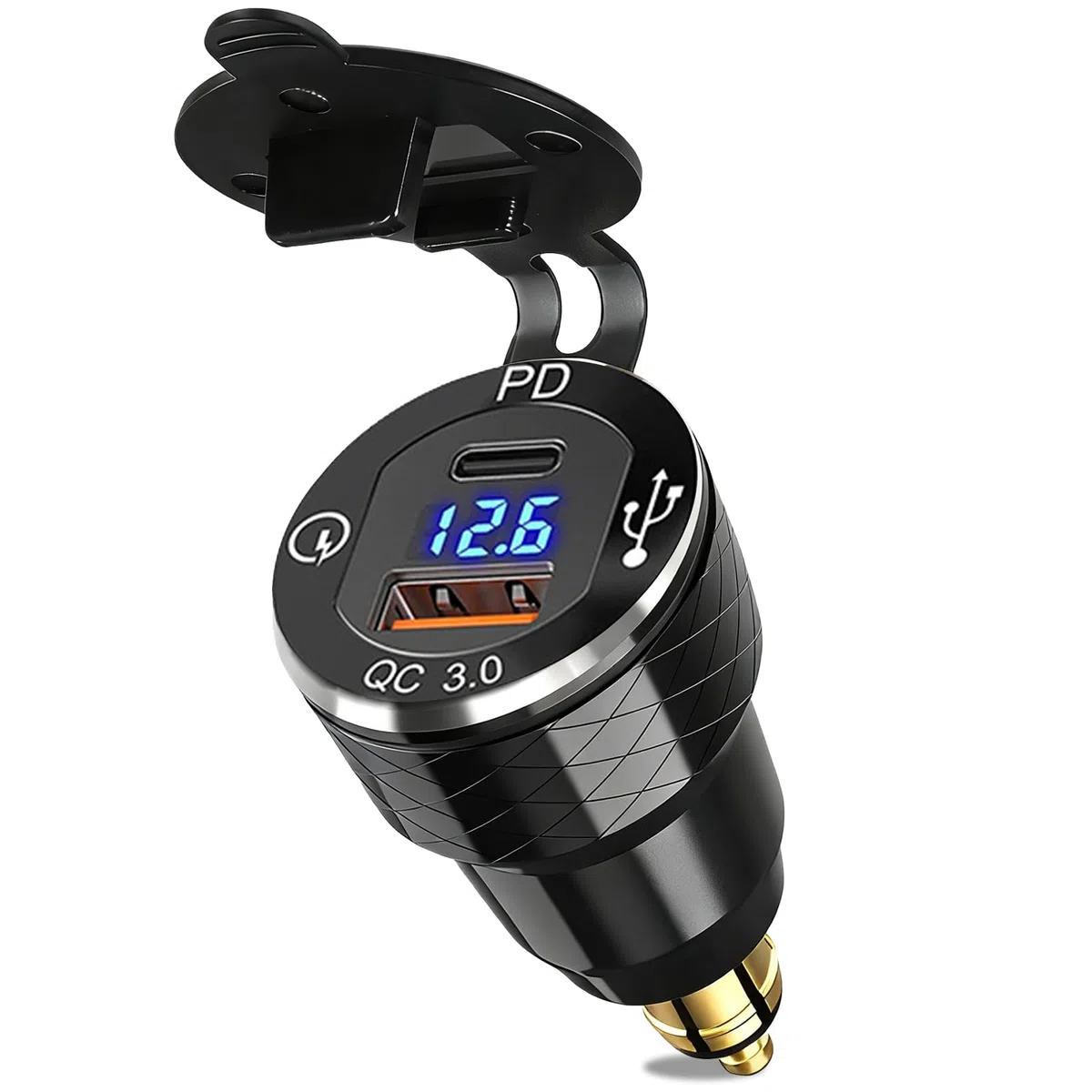 Presa DIN a USB C per Moto BMW, PD3.0 e QC3.0 Spina DIN Hella Socket Plug Waterproof Alluminio Adattatore Accendisigari con LED Voltmeter per 12V/24V Ducati Triumph Altre Motorcycles in Stile Europeo