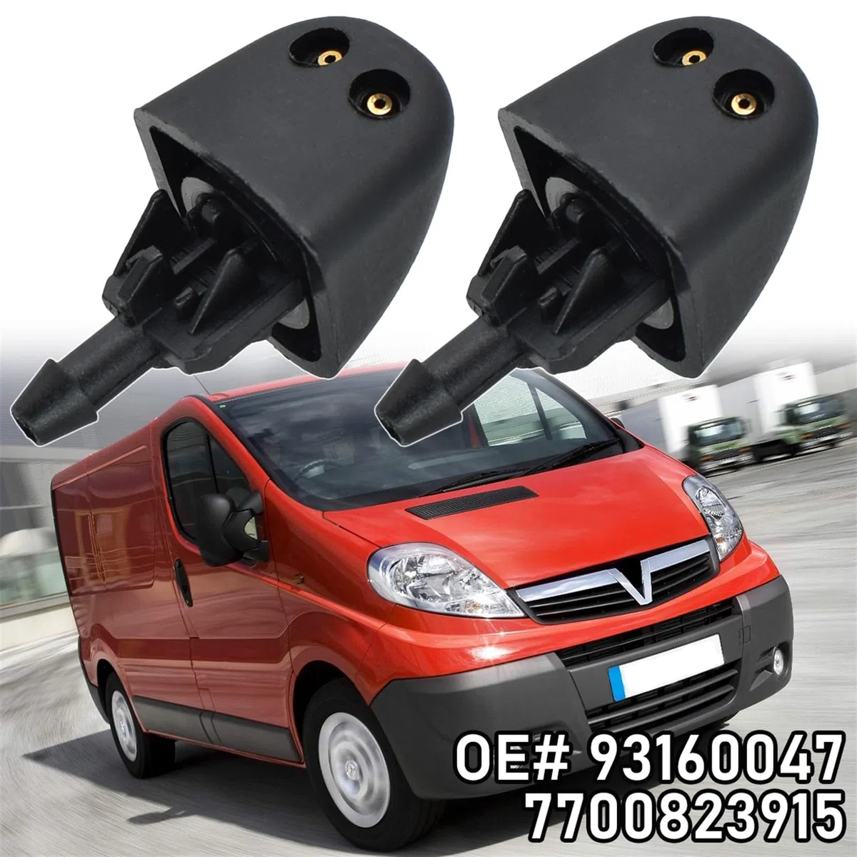 2 getti lavavetri anteriori ugelli acqua spray 93160047 7700823915, for Renault, Trafic II X83, for Opel, for Vauxhall, Vivaro Primastar Ugello per getti lavacristallo anteriore