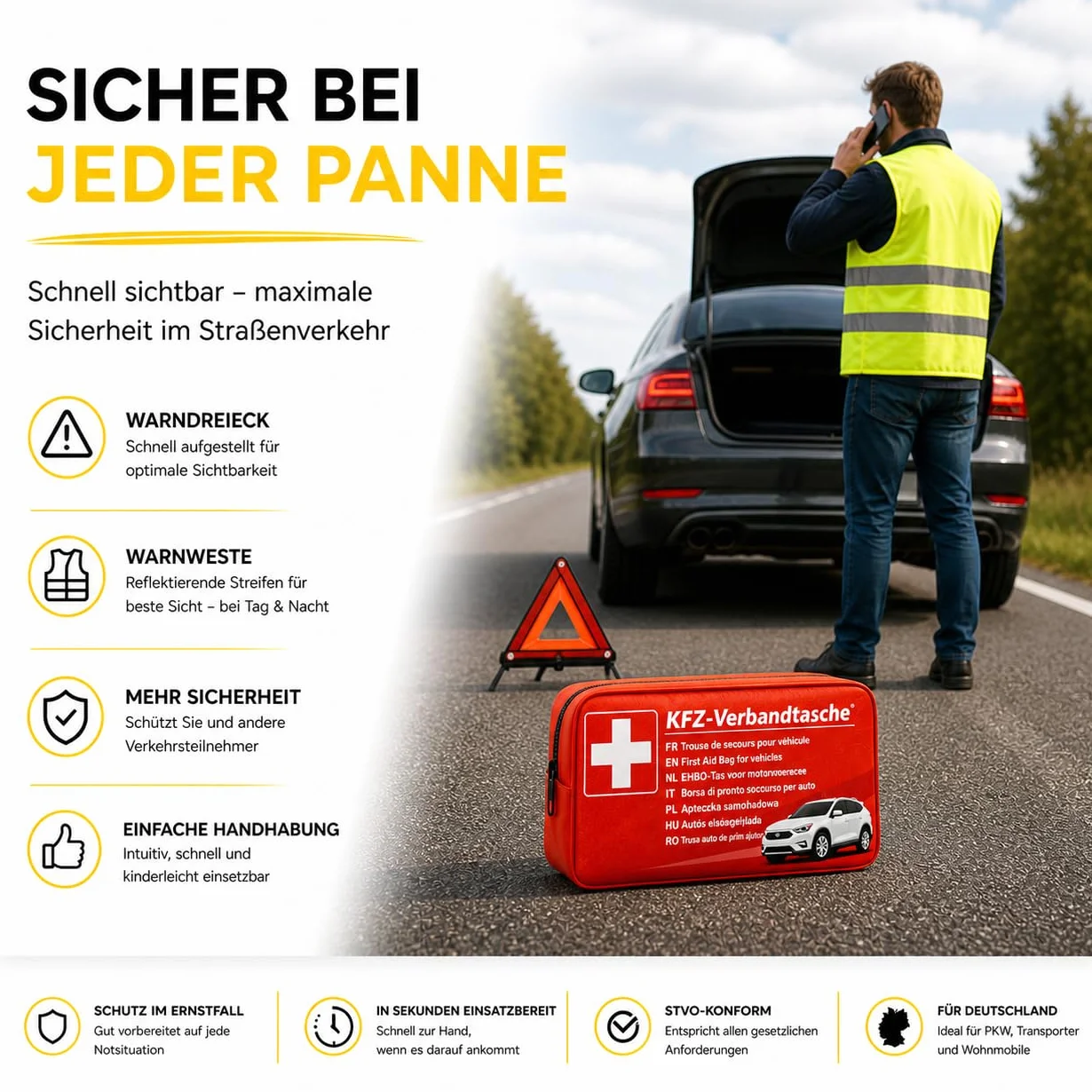 Kit di Pronto Soccorso per Auto 3 in 1, Testato nel 2026 e Accessori - con Giubbotto di Sicurezza e Triangolo di Emergenza per StVO