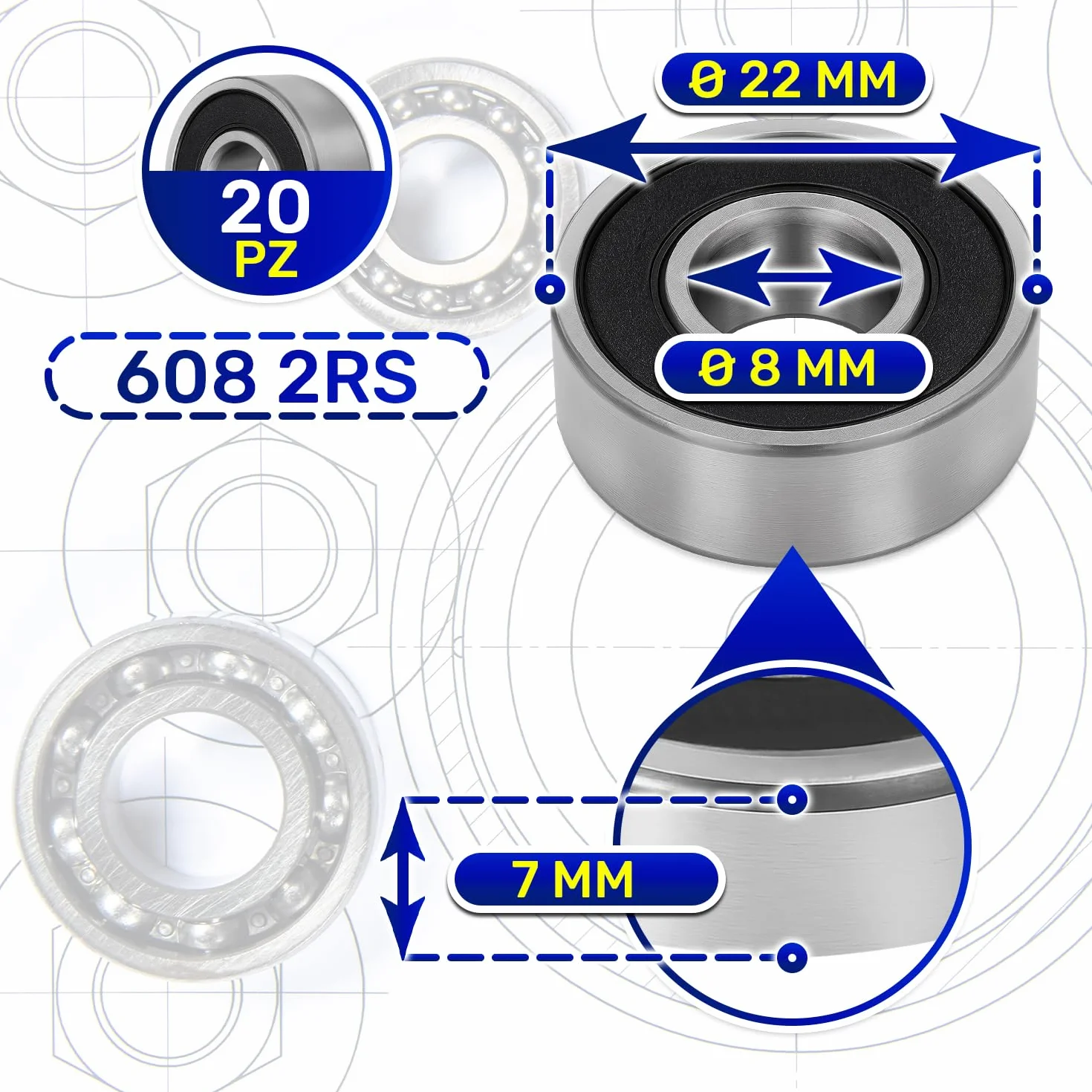 20 Pezzi Cuscinetti a Sfera 608 2RS per il Motore con Dimensione 8x22x7 mm - MONTERAL