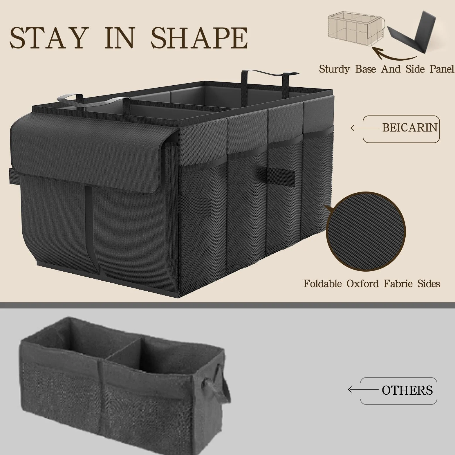 Beicarin Organizer per bagagliaio per auto, organizer pieghevole per bagagliaio per SUV e berline, robusta organizzazione per accessori auto, strumenti, articoli vari, dimensioni 51 x 34 x 27 cm